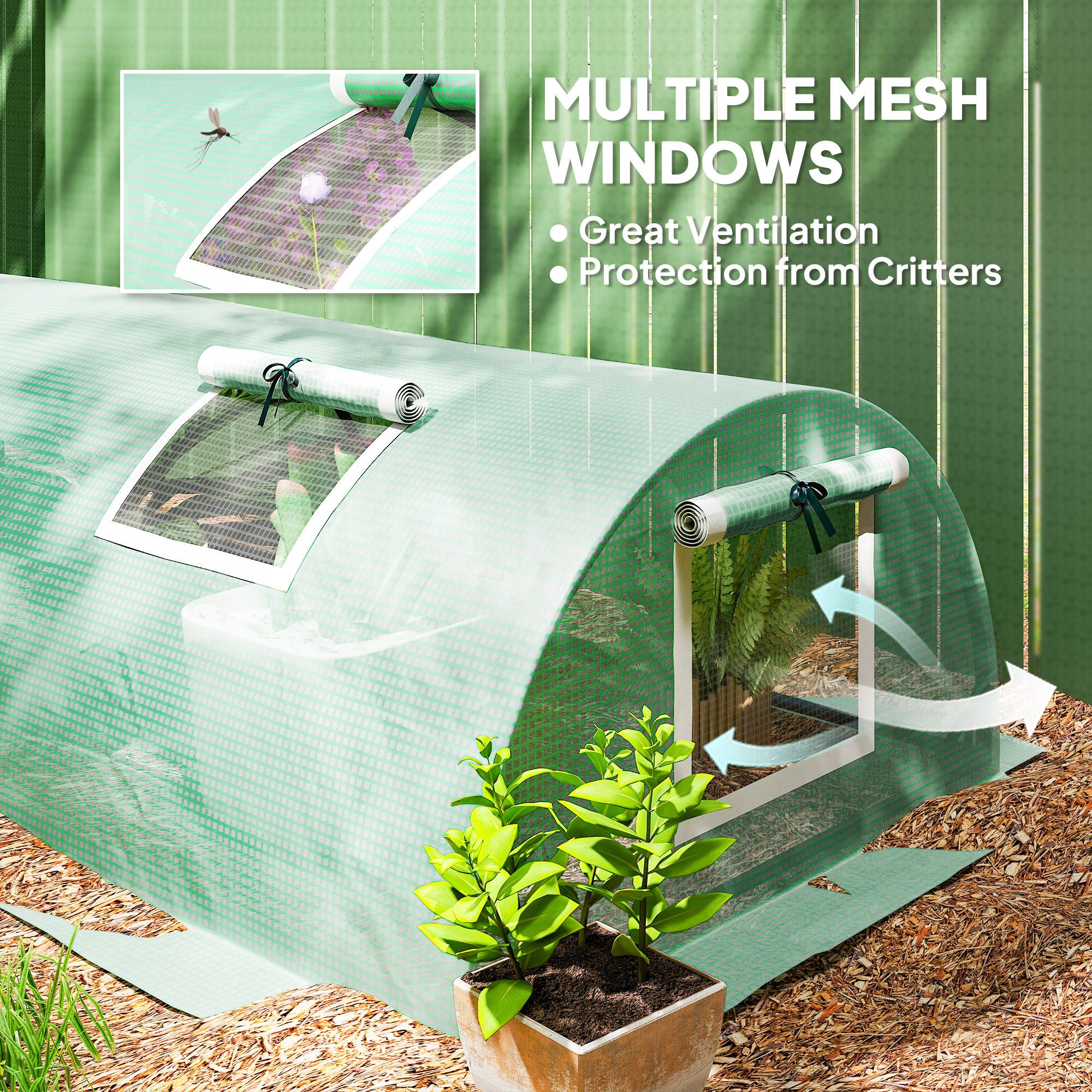 Mini Greenhouse with 5 Mesh Windows, Portable Plant Hot House with PE Cover and Steel Frame, 10' x 3' x 2' , Green