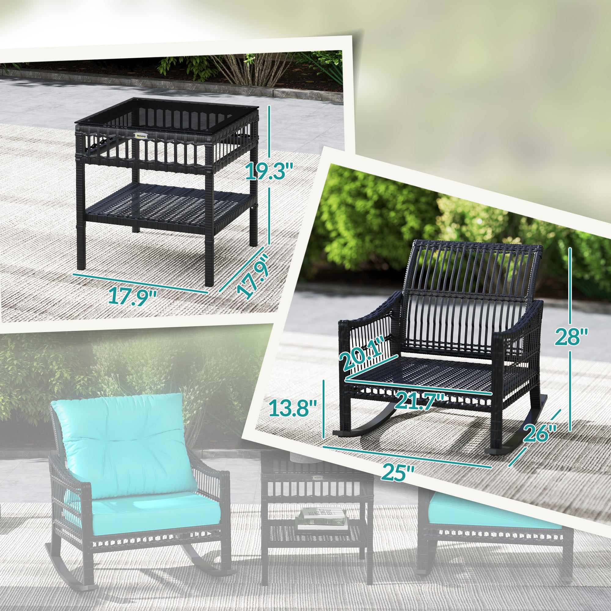 3 Piece Outdoor PE Rattan Rocker Chair Set, Rocking Chair with Tempered Glass Table Top