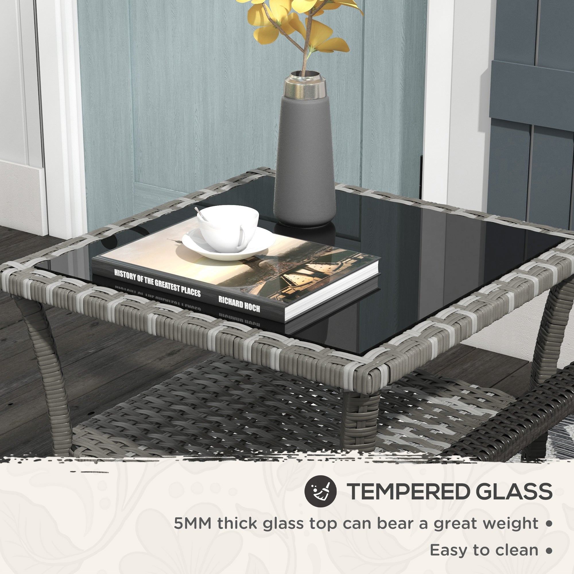 Rattan Side Table, Outdoor End Table with Storage Shelf, Aluminum Frame Square, Coffee Table with Tempered Glass Top