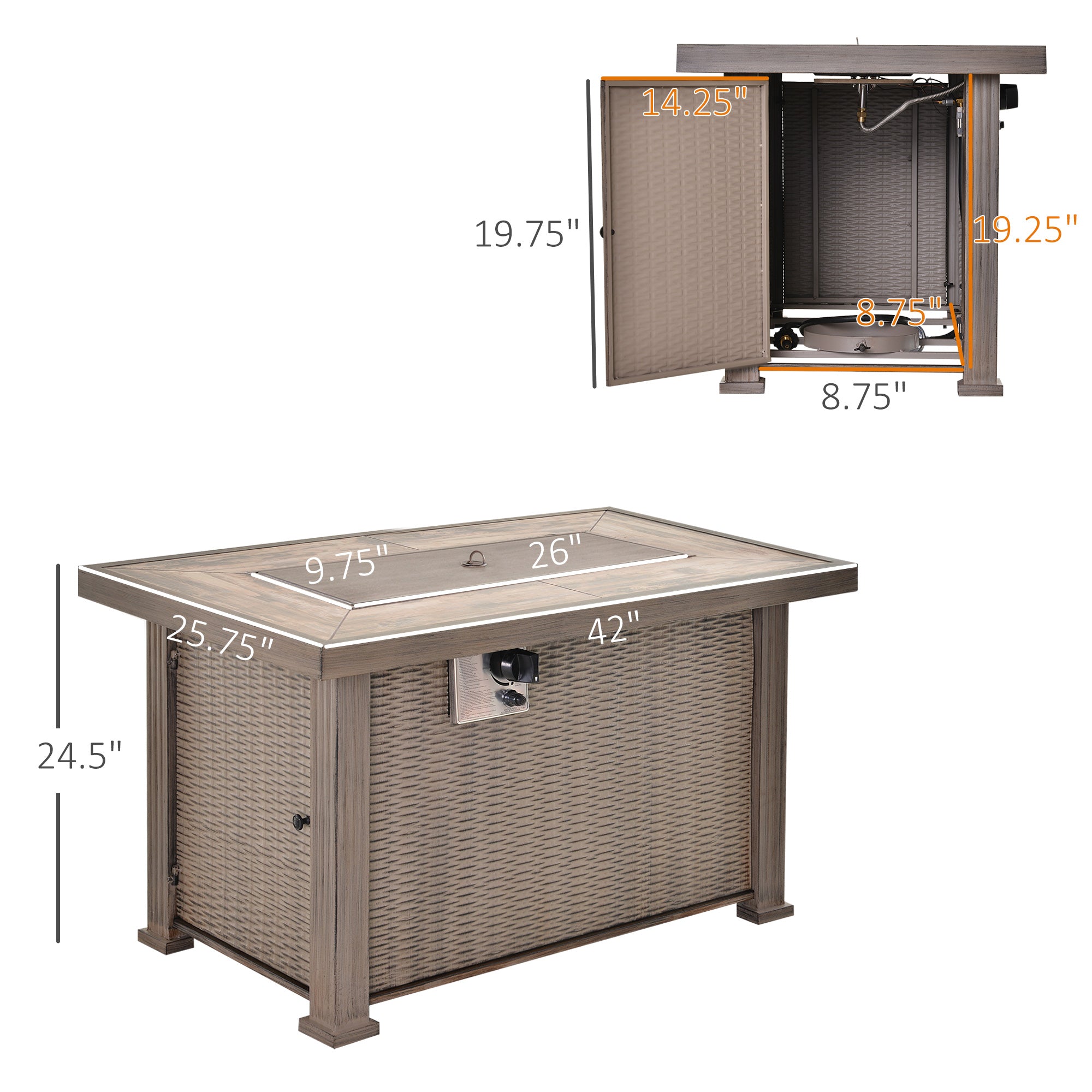 Propane Fire Pit Table, 30,000 BTU 42" Wicker-Effect Gas Fire Table, Auto-Ignition Rectangular Outdoor Firepit with Lid, Ceramic Tabletop, Lava Rocks and Rain Cover, CSA Certification, Gray