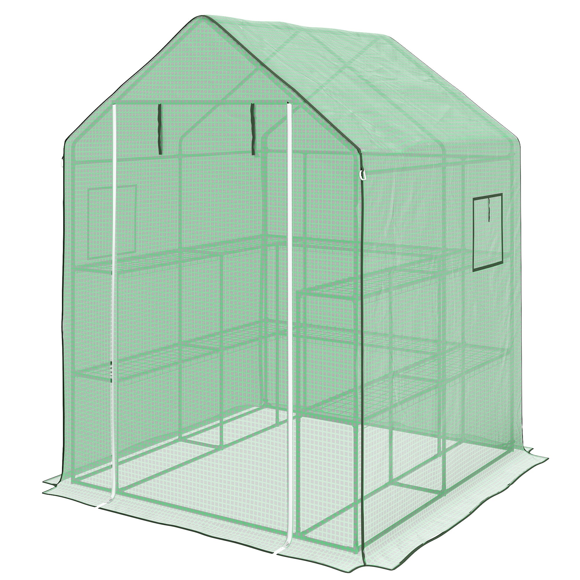 4.6' x 4.7' Portable Greenhouse, Water/UV Resistant Walk-In Small Outdoor Green House with 2 Tier U-Shaped Flower Rack Shelves, Roll Up Door & Windows