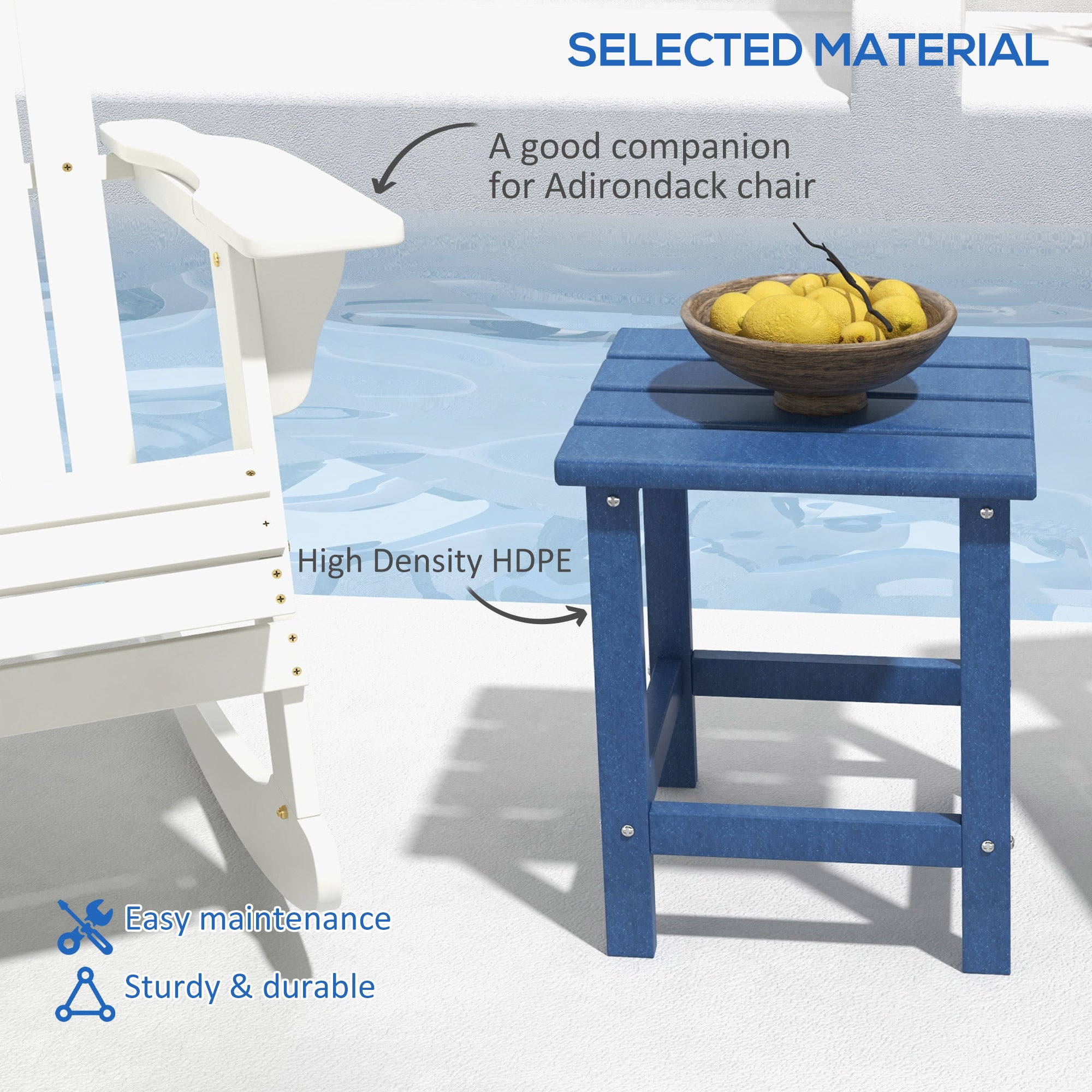 Adirondack Side Table, Square Patio End Table, Weather Resistant 15" Outdoor HDPE Table for Porch, Pool, Balcony