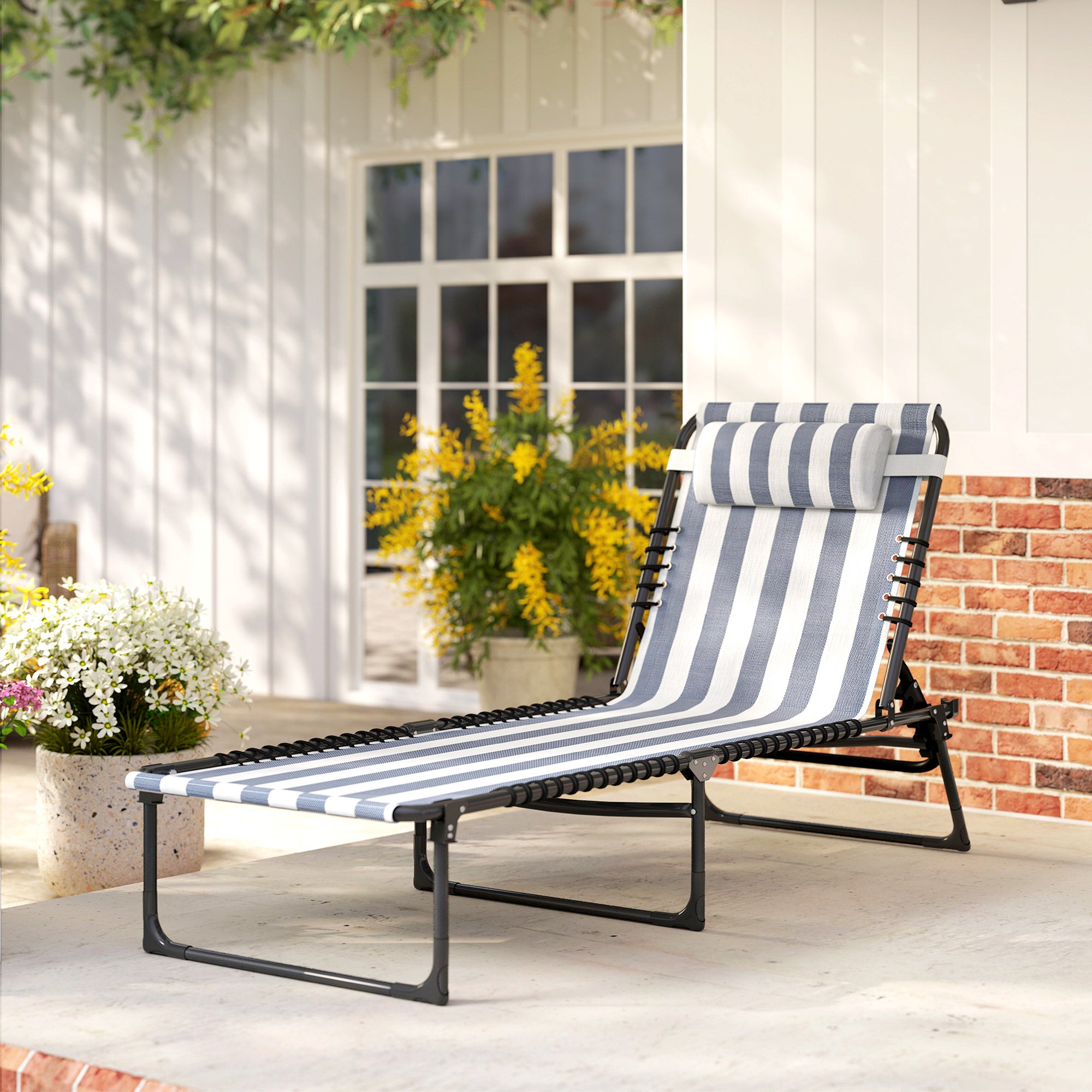 Folding Chaise Lounge Pool Chair with 4-Position Reclining Back, Pillow, Breathable Mesh & Bungee Seat, Blue & White