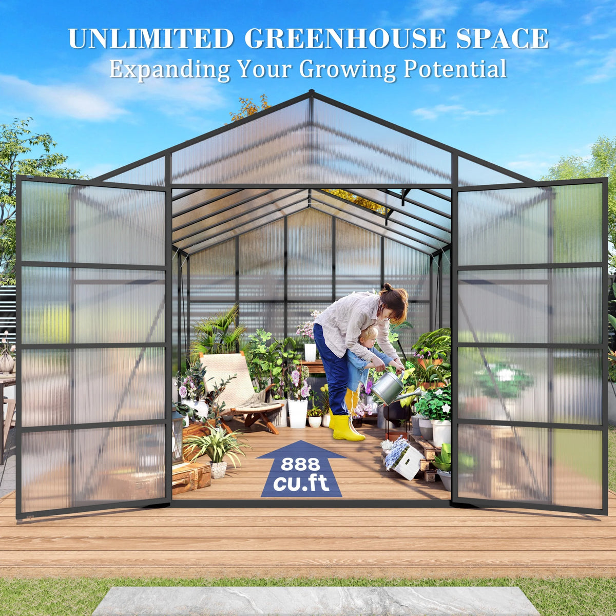 Inside the Broadmeadow greenhouse through open double doors