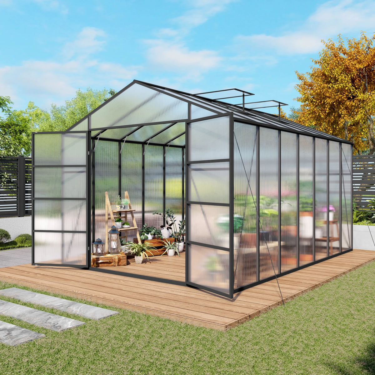 Broadmeadow 10x14 greenhouse with double doors open and two roof vents raised