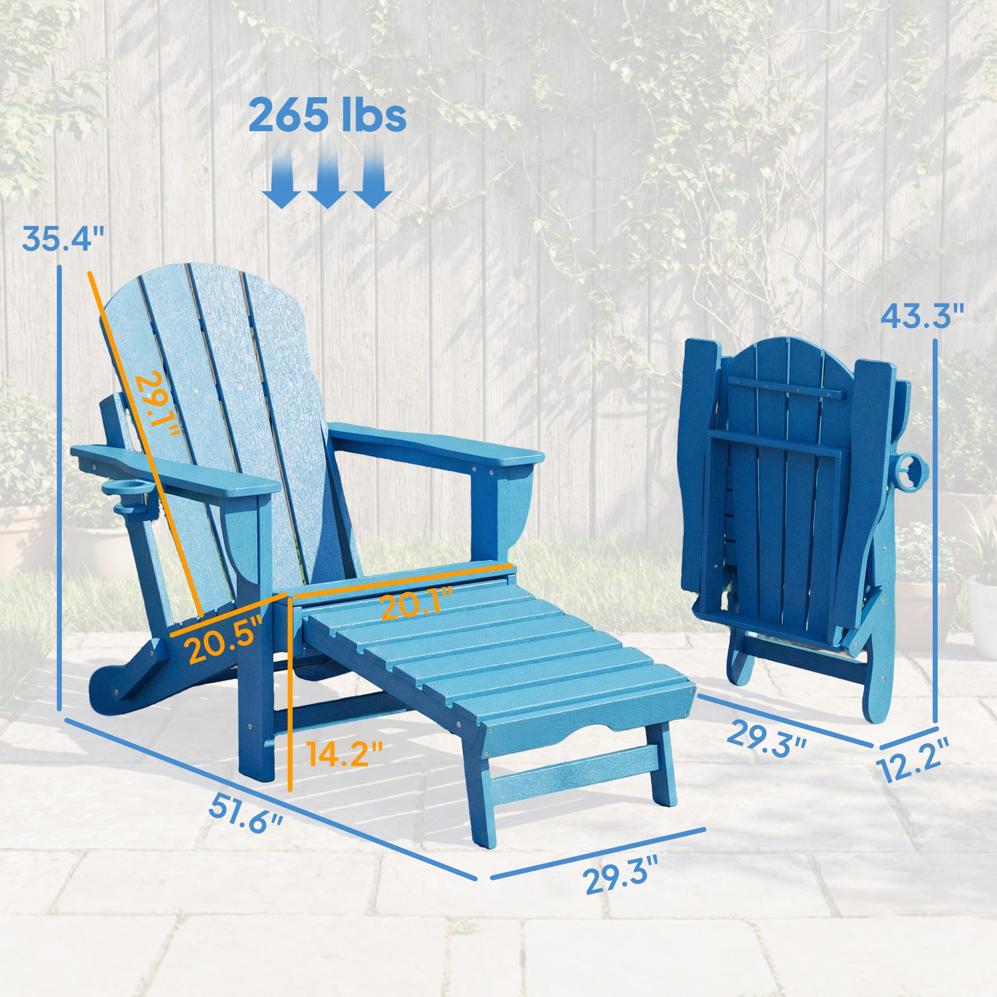 Folding Adirondack Chair Set of 2, HDPE Fire Pit Chair with Retractable Ottoman and Cup Holder