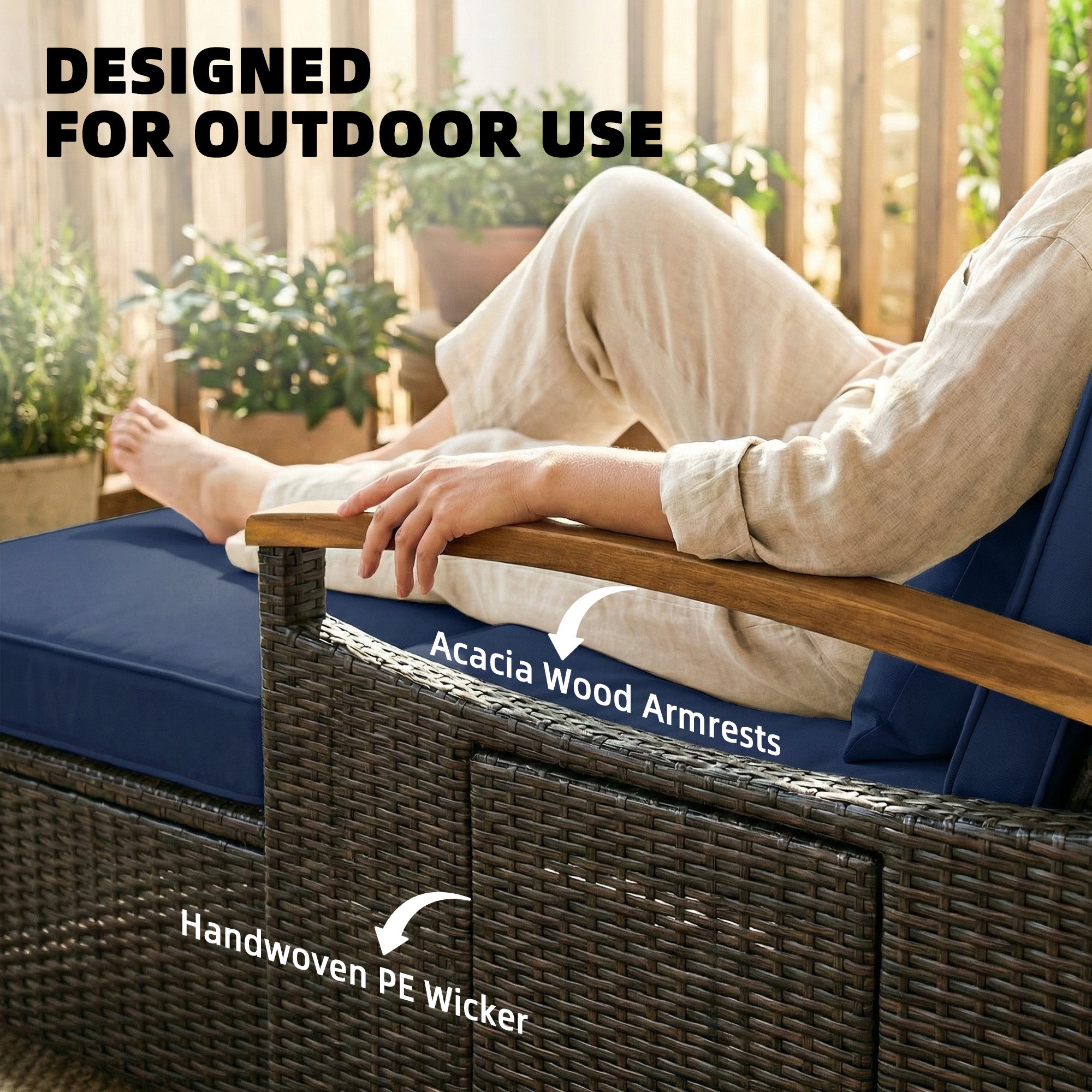 Rattan Outdoor Daybed w/4-Level Adjustable Backrest, Patio Sofa Bed w/Storage Ottoman, Acacia Wood Armrest