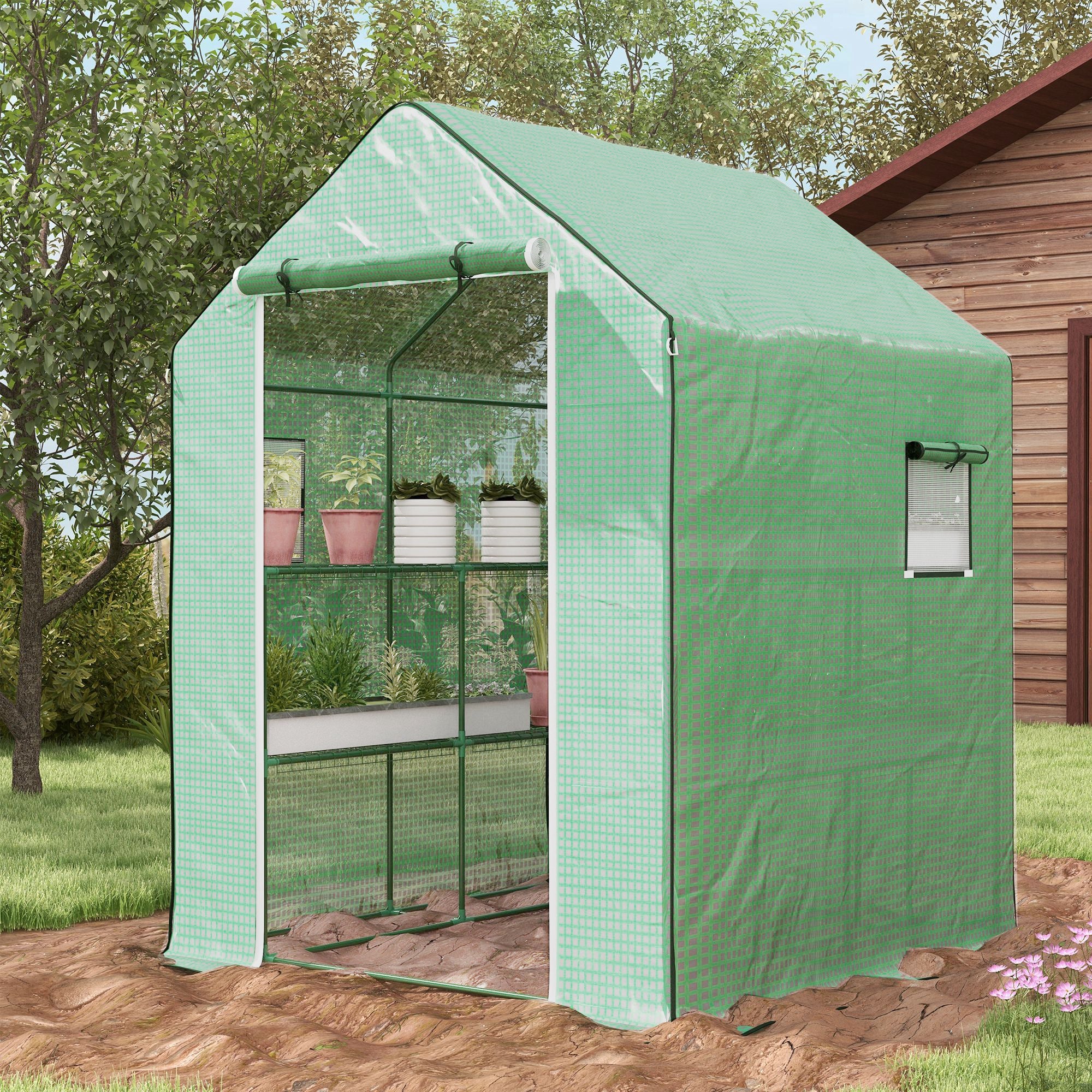4.6' x 4.7' Portable Greenhouse, Water/UV Resistant Walk-In Small Outdoor Green House with 2 Tier U-Shaped Flower Rack Shelves, Roll Up Door & Windows