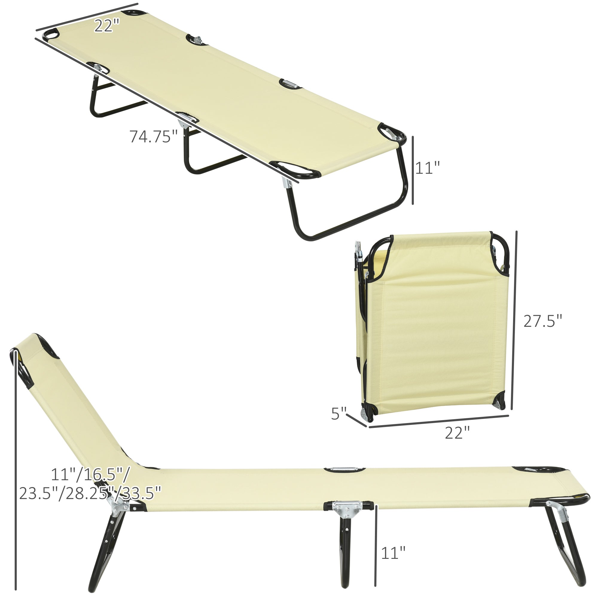 2 Piece Folding Chaise Lounge Pool Chairs, Outdoor Sun Tanning Chairs with 5-Level Reclining Back, Steel Frame for Beach, Yard, Patio