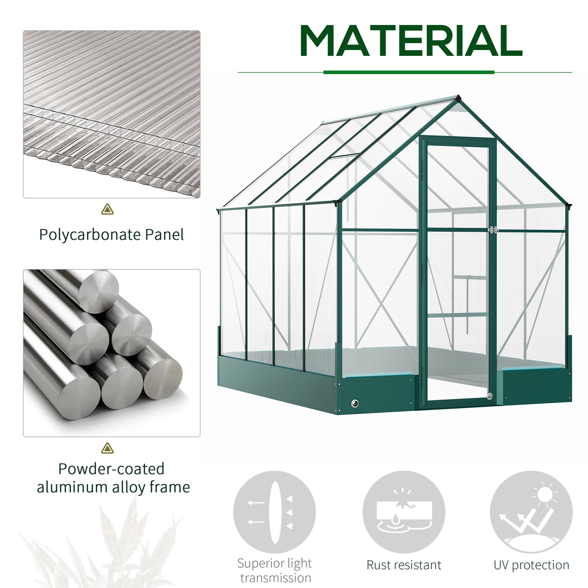 8' x 6' Greenhouse for Outdoors, Polycarbonate Greenhouse with Roof Vent and Rain Gutter, Aluminum Walk-in for Outside for Patio Backyard Garden, Green