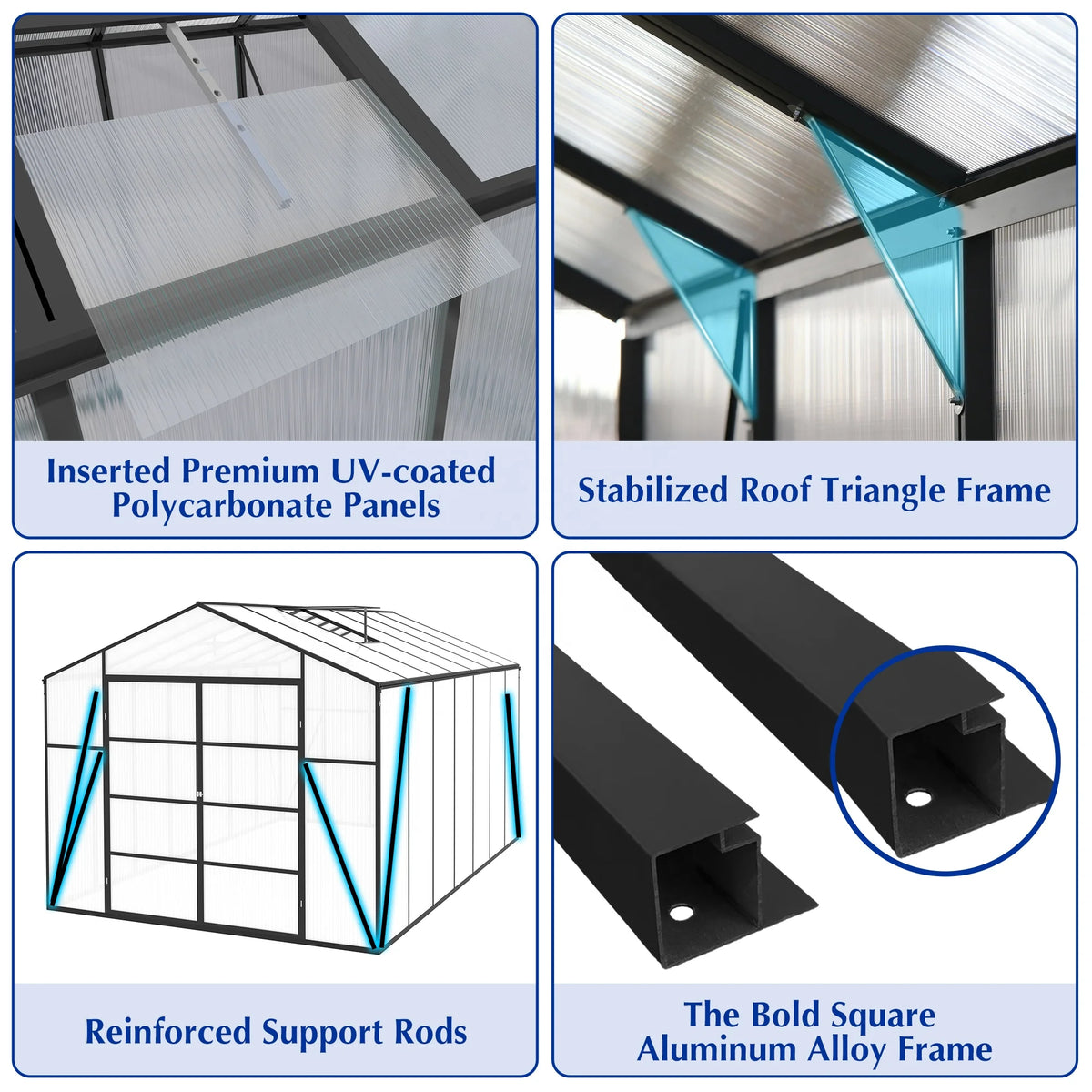 Broadmeadow details: UV-coated panels, roof braces, support rods, square aluminum frame