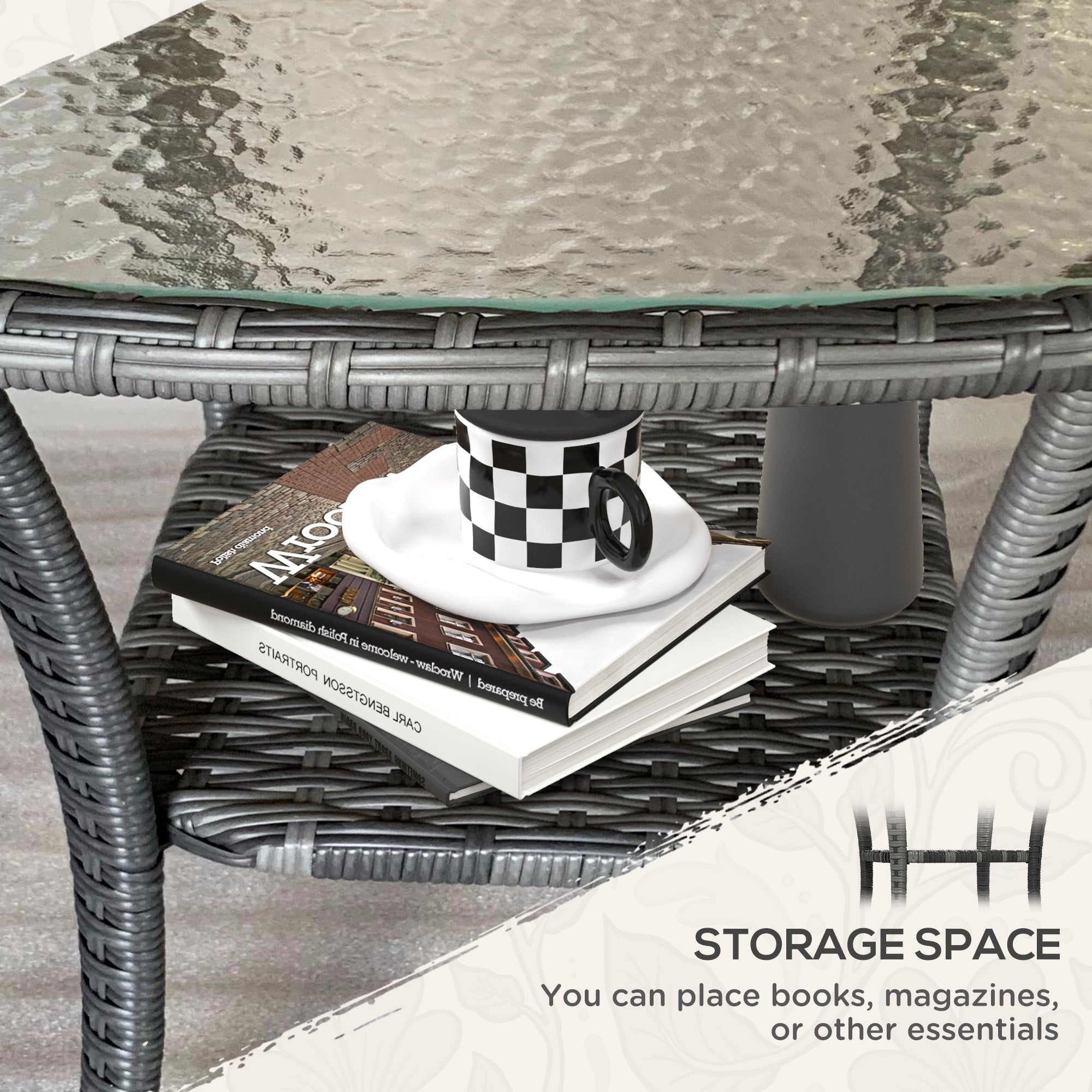 Outdoor Coffee Table with Storage Shelf, Hand-Woven Wicker Side Table with Water-Ripple Glass Top