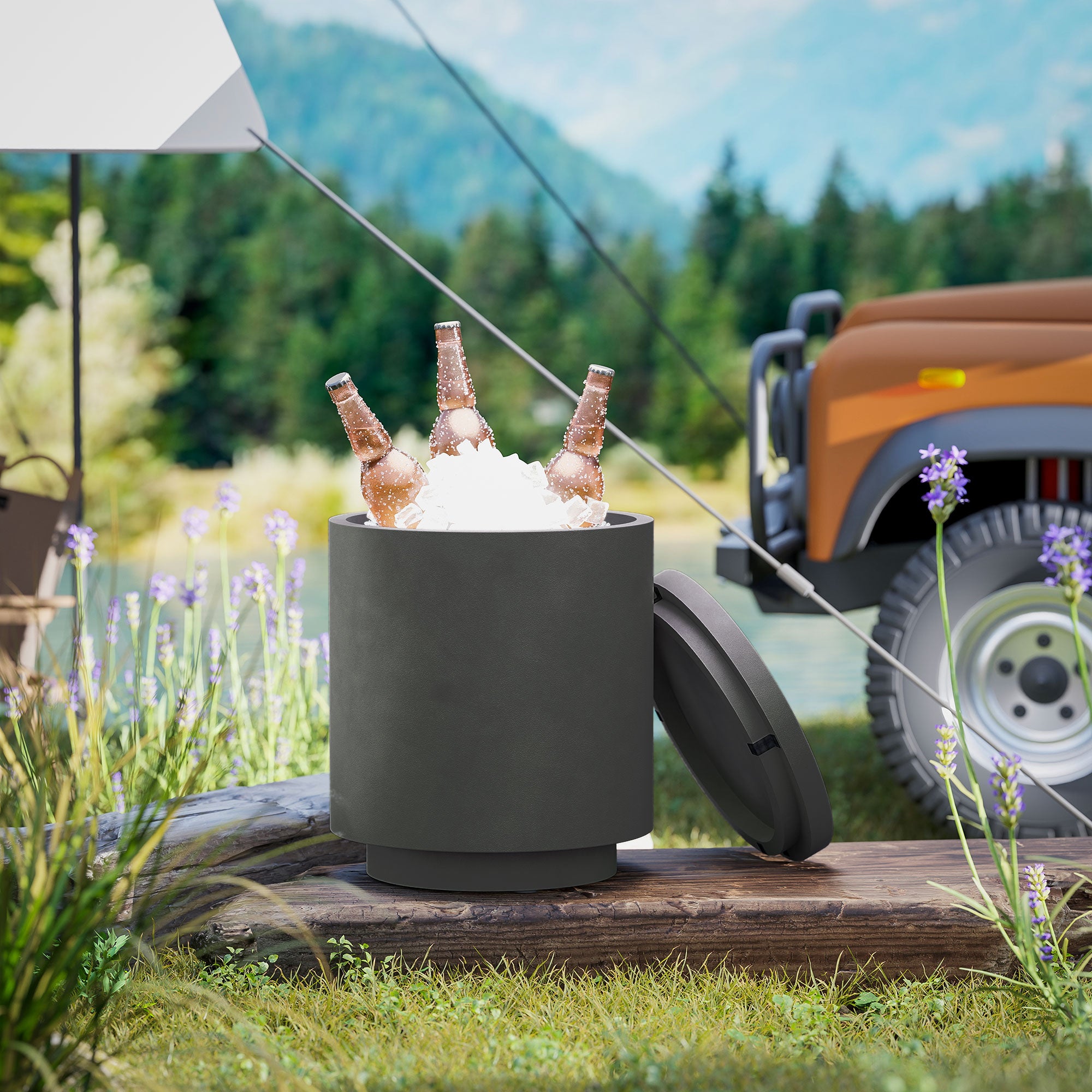 2.6 Gal Outdoor Side Table, 3-In-1 Concrete Cooler Bar Table with Storage, Removable Ice Bucket and Lid