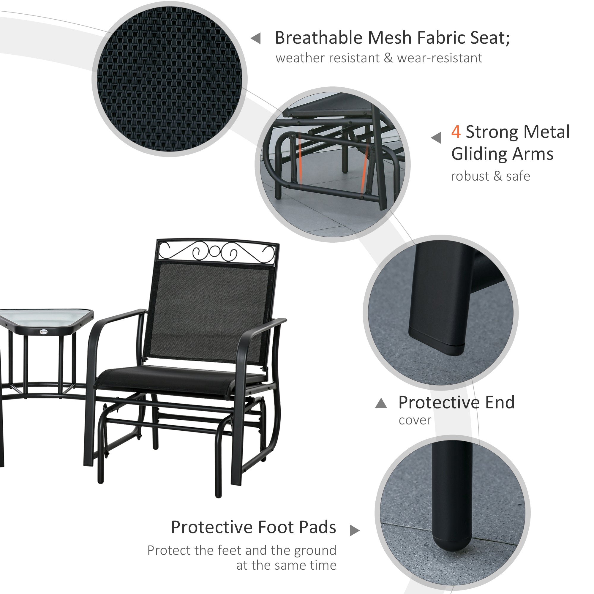 Outdoor Glider Chairs with Coffee Table, Patio 2-Seat Rocking Chair Swing with Breathable Sling for Backyard, Garden and Porch