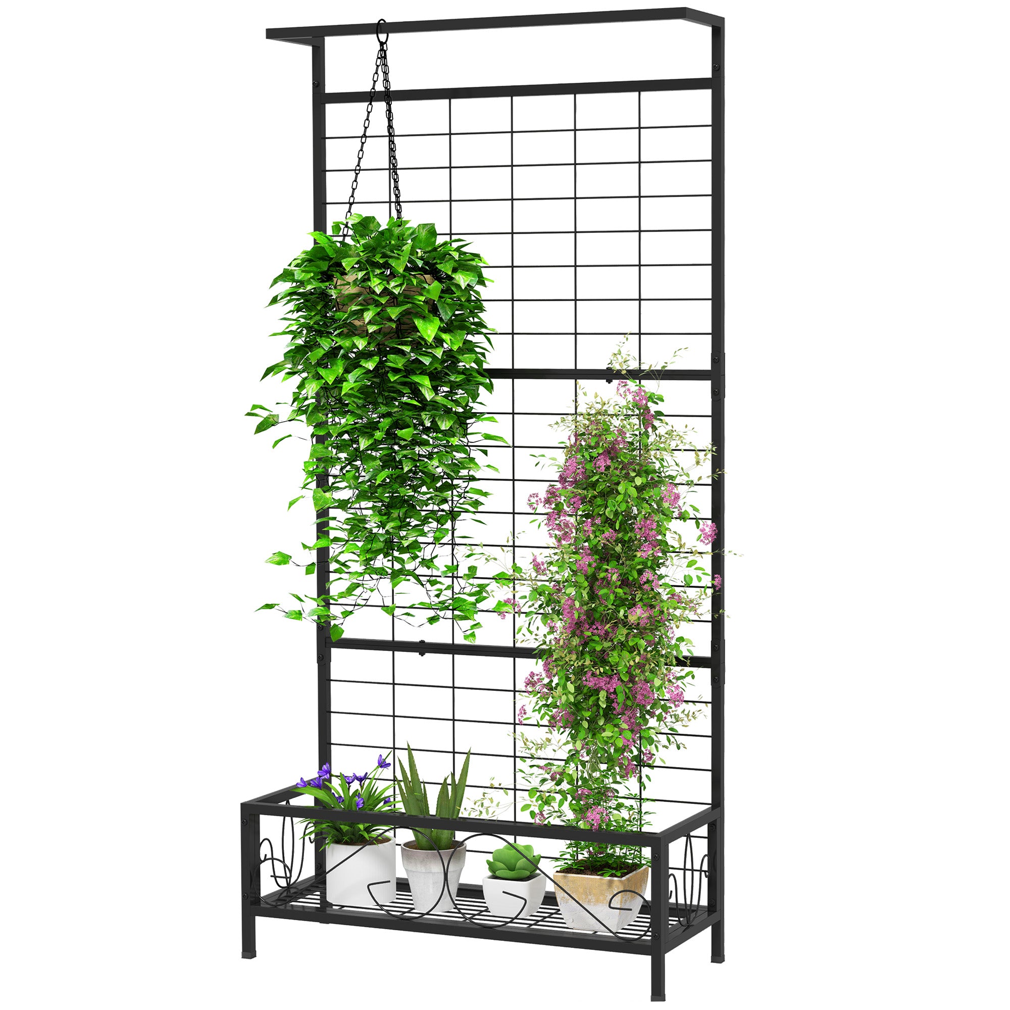 Metal Tall Plant Stand with Trellis and Hanging Bar, Plant Holder for Indoor Outdoor Use, 35" x 12.8" x 74"