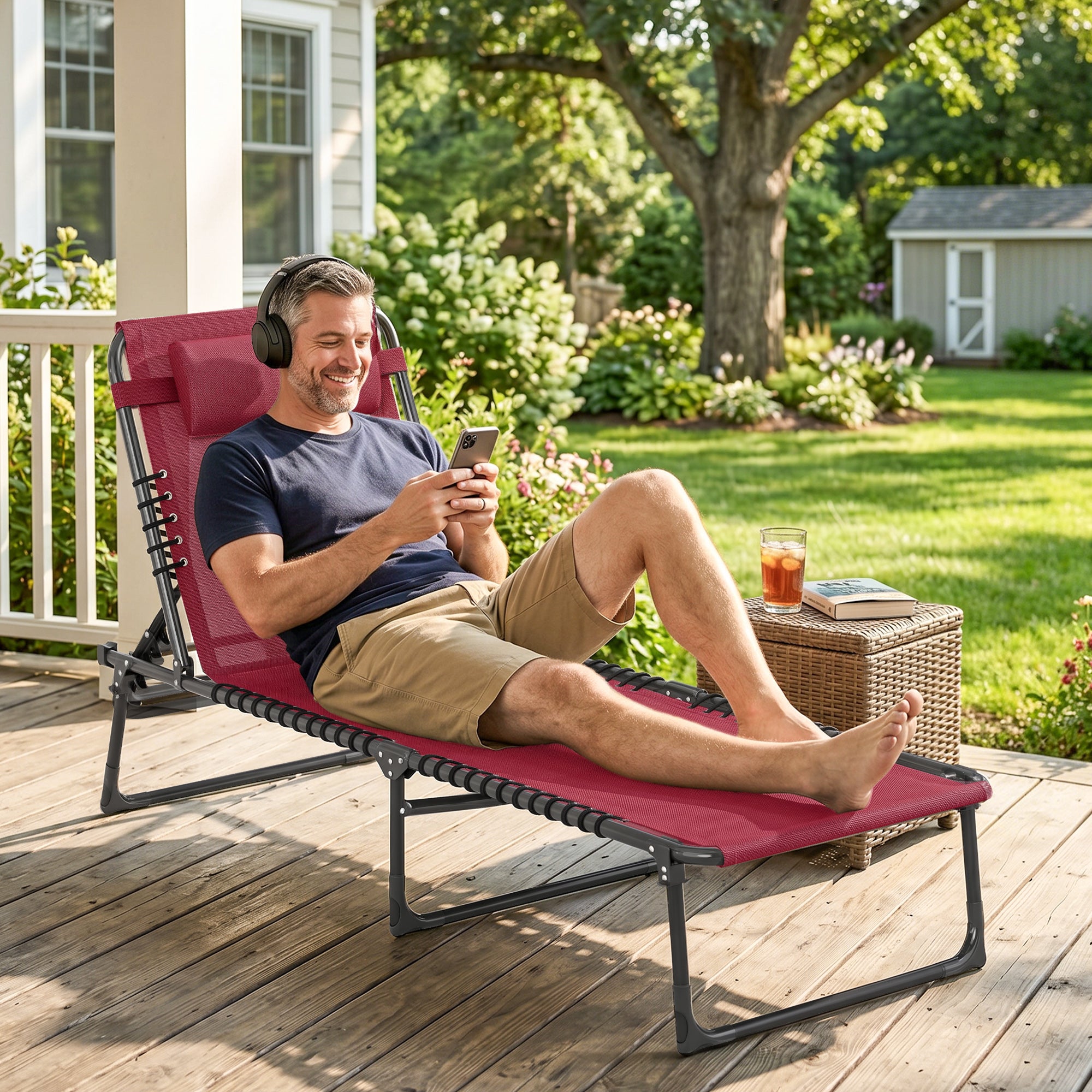 Foldable Chaise Lounge, 3-Position Reclining Back, Portable design and Breathable Mesh for Poolside, Camping, Hiking
