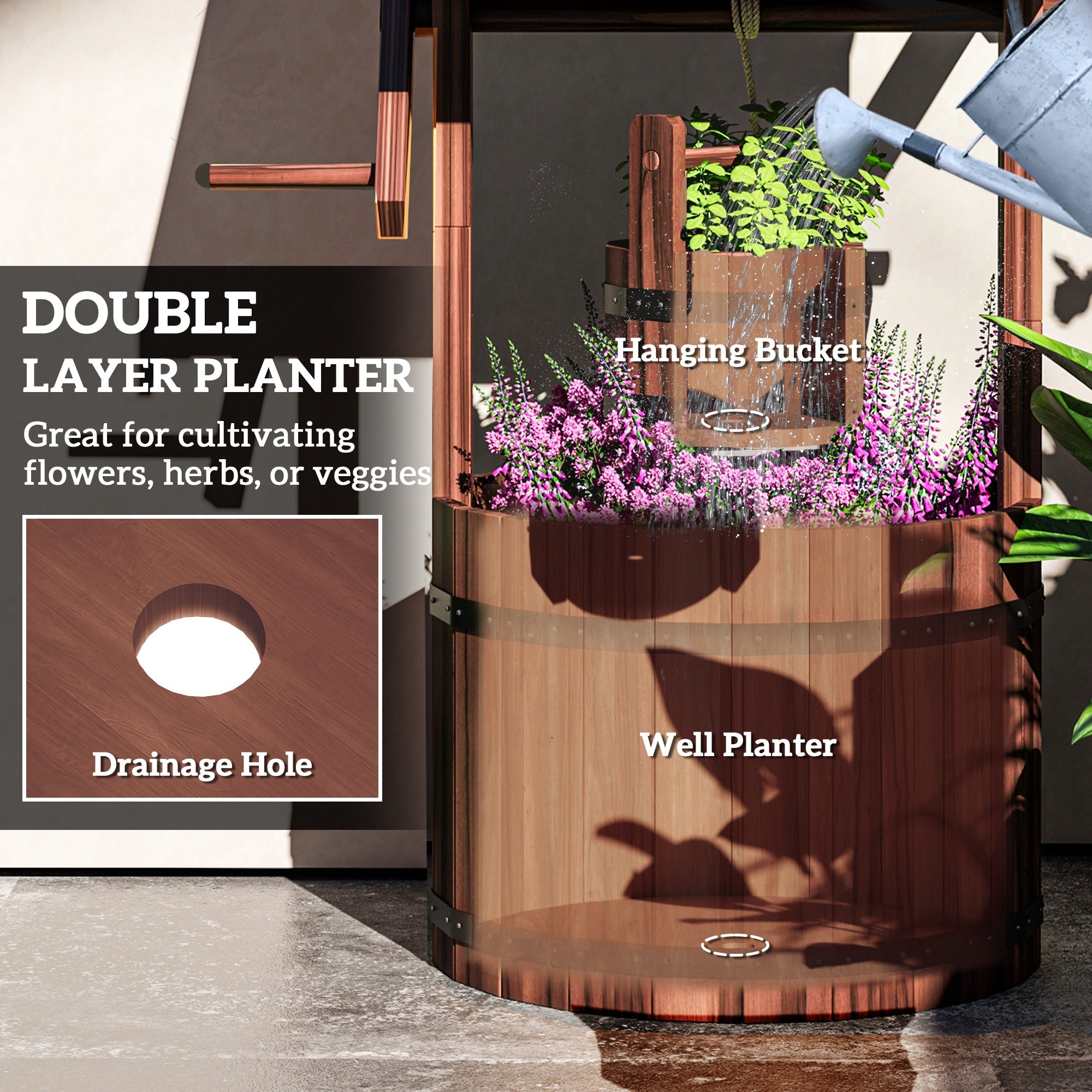 Wood Wishing Well for Outside with Hanging Bucket, Wishing Well Planter with Drain Hole for Garden Patio