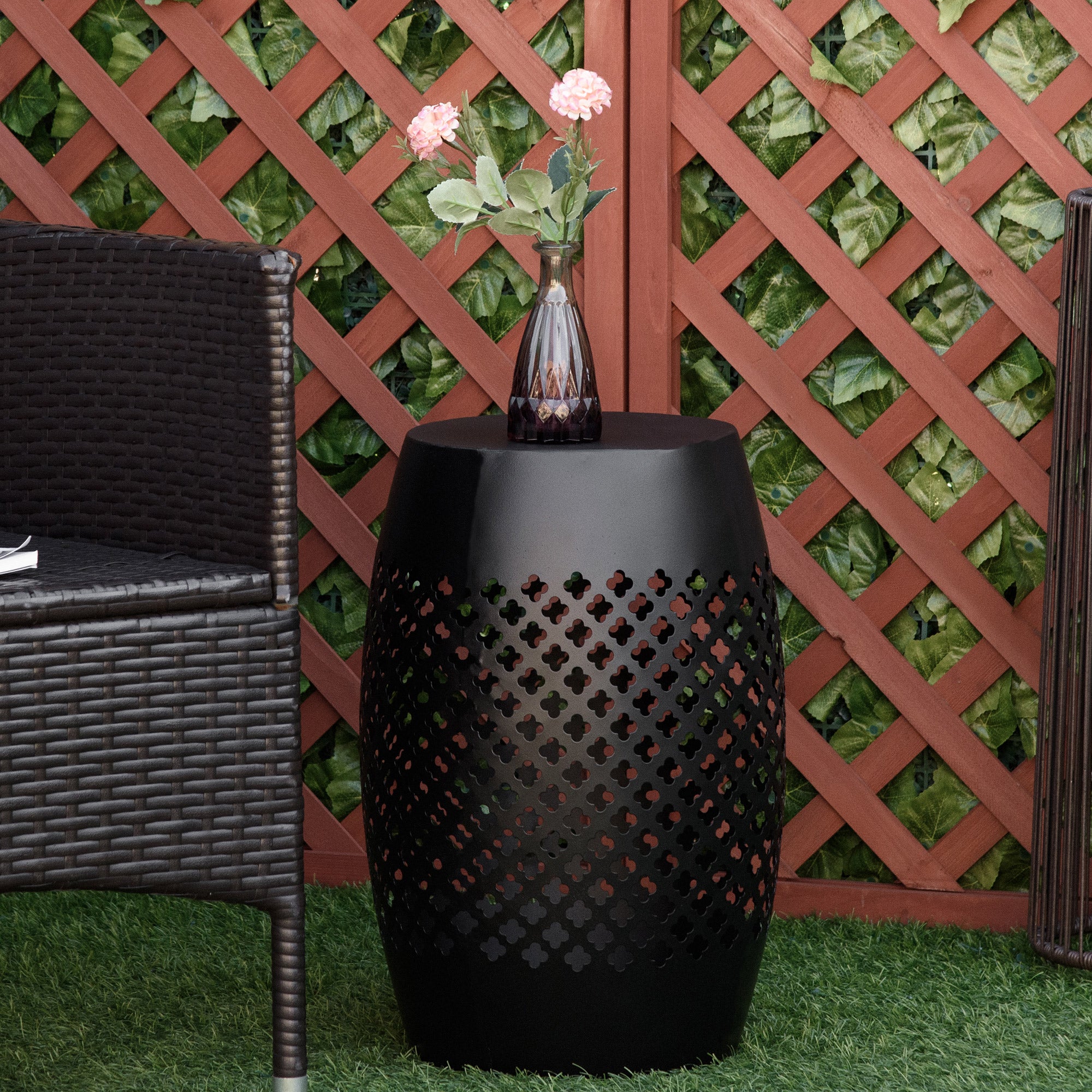 12" Steel Outdoor Side Table, Round Hollow Drum Patio End Table, Accent Table for Indoor and Outdoor
