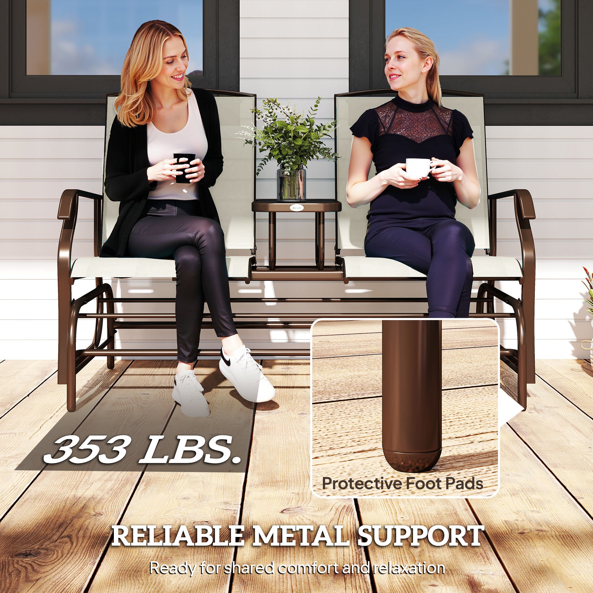 Outdoor Glider Bench with Center Table, Metal Frame Patio Loveseat with Breathable Mesh Fabric and Armrests for Backyard Garden Porch