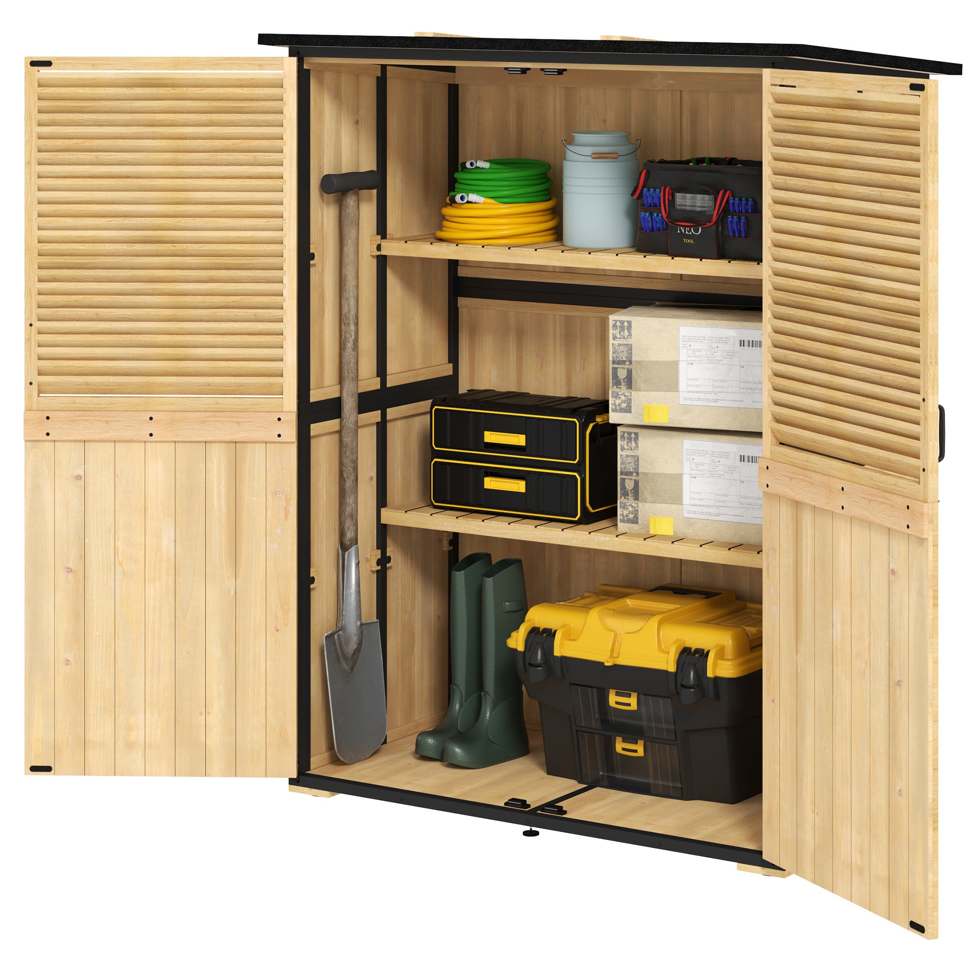 Wood Storage Shed, Outdoor Garden Shed with Asphalt Roof, 2 Shelves, Lockable Doors and Adjustable Feet