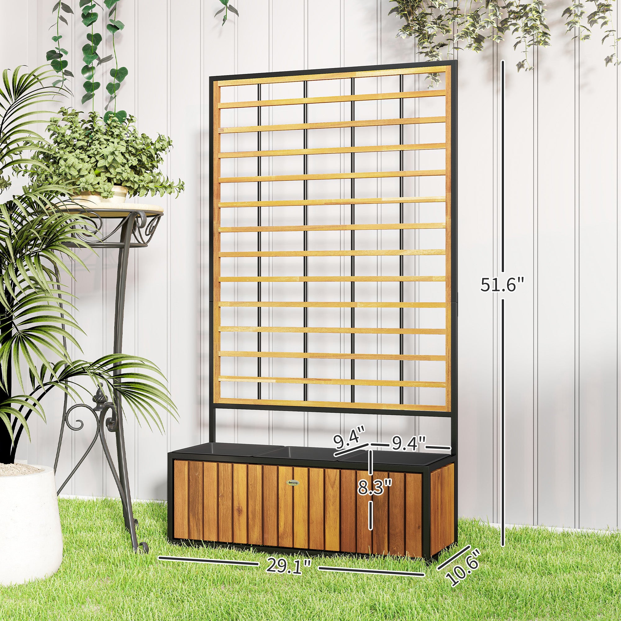 Wooden Raised Garden Bed with Trellis, Removable Pots for Backyard, Patio, Balcony, 29" x 11" x 52"