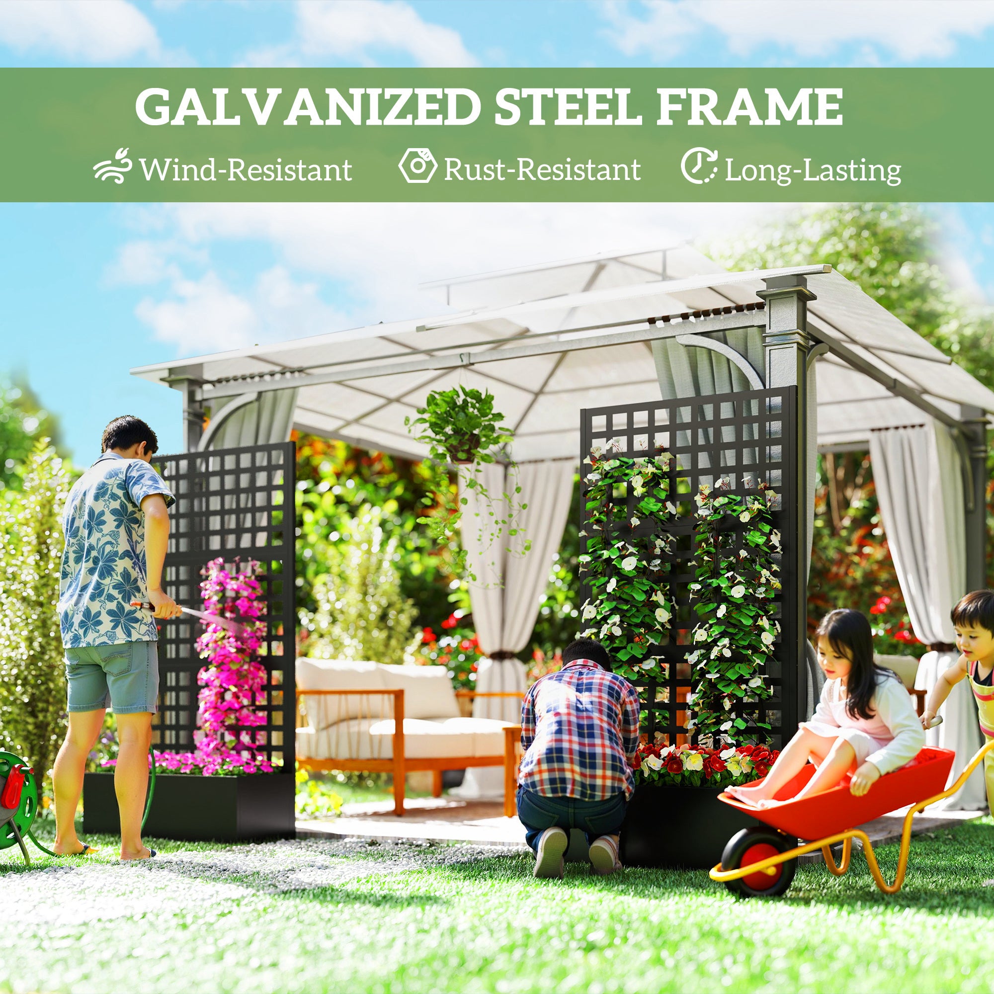 Galvanized Raised Garden Bed Planter Box with Trellis for Climbing Plants, Vegetable, Vines, 35" x 16" x 70"