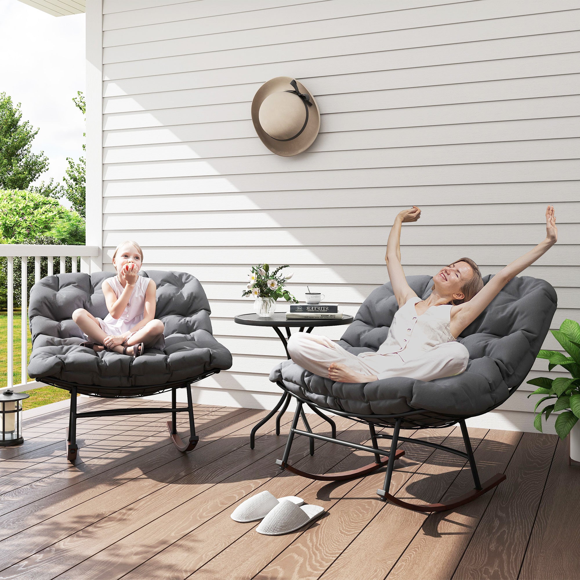 Outdoor Rocking Chair Patio Set of 2, Oversized Rocking Papasan Chairs with Cushions for Garden Porch, 265 lbs.