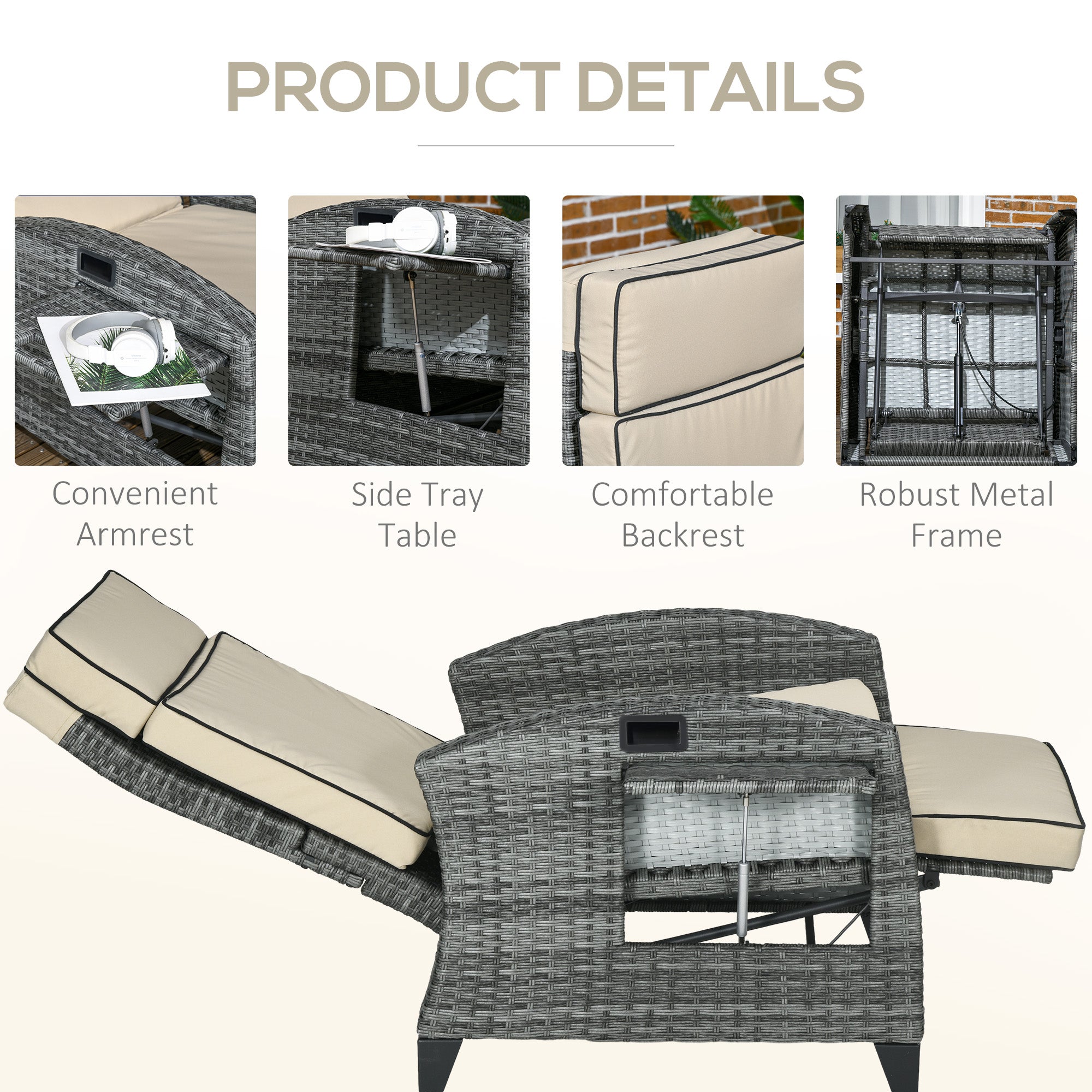 Outdoor Recliner Chair with Cushions, Reclining Patio Lounge Chair with Adjustable Footrest, Armrests, Tray Table