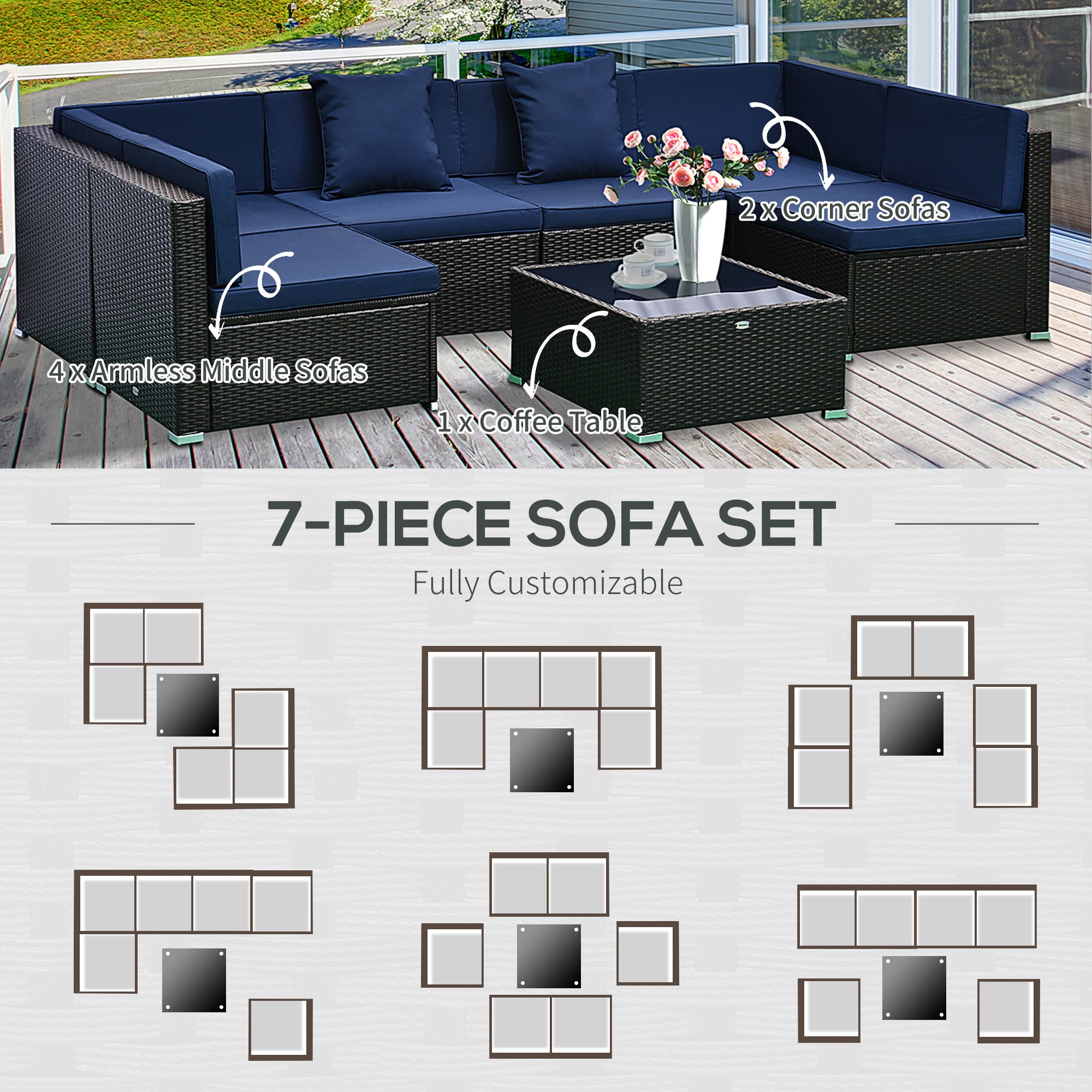 7 Piece Patio Furniture Set, Wicker Outdoor Sectional Sofa Set, All Weather PE Rattan Outdoor Furniture Conversation Sets with Cushions, Glass Top Coffee Table, Pillows, Dark Blue