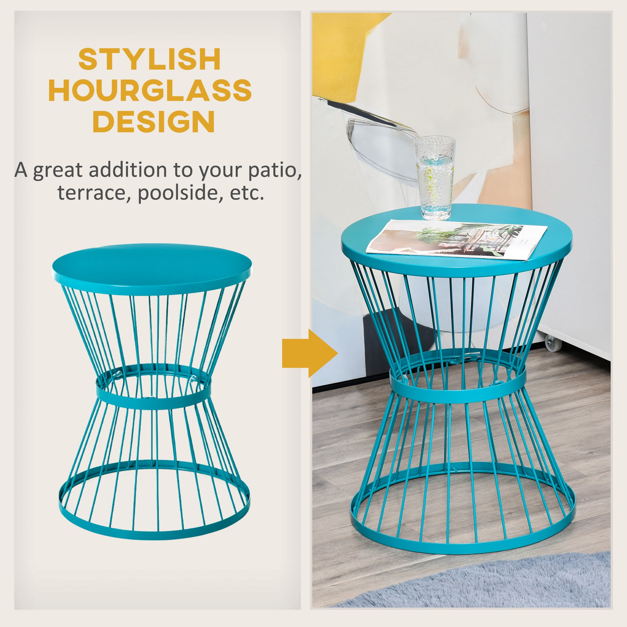 16" Steel Patio Side Table, Garden End Table with Hourglass Design, Accent Table for Outdoor and Indoor Use, Distressed