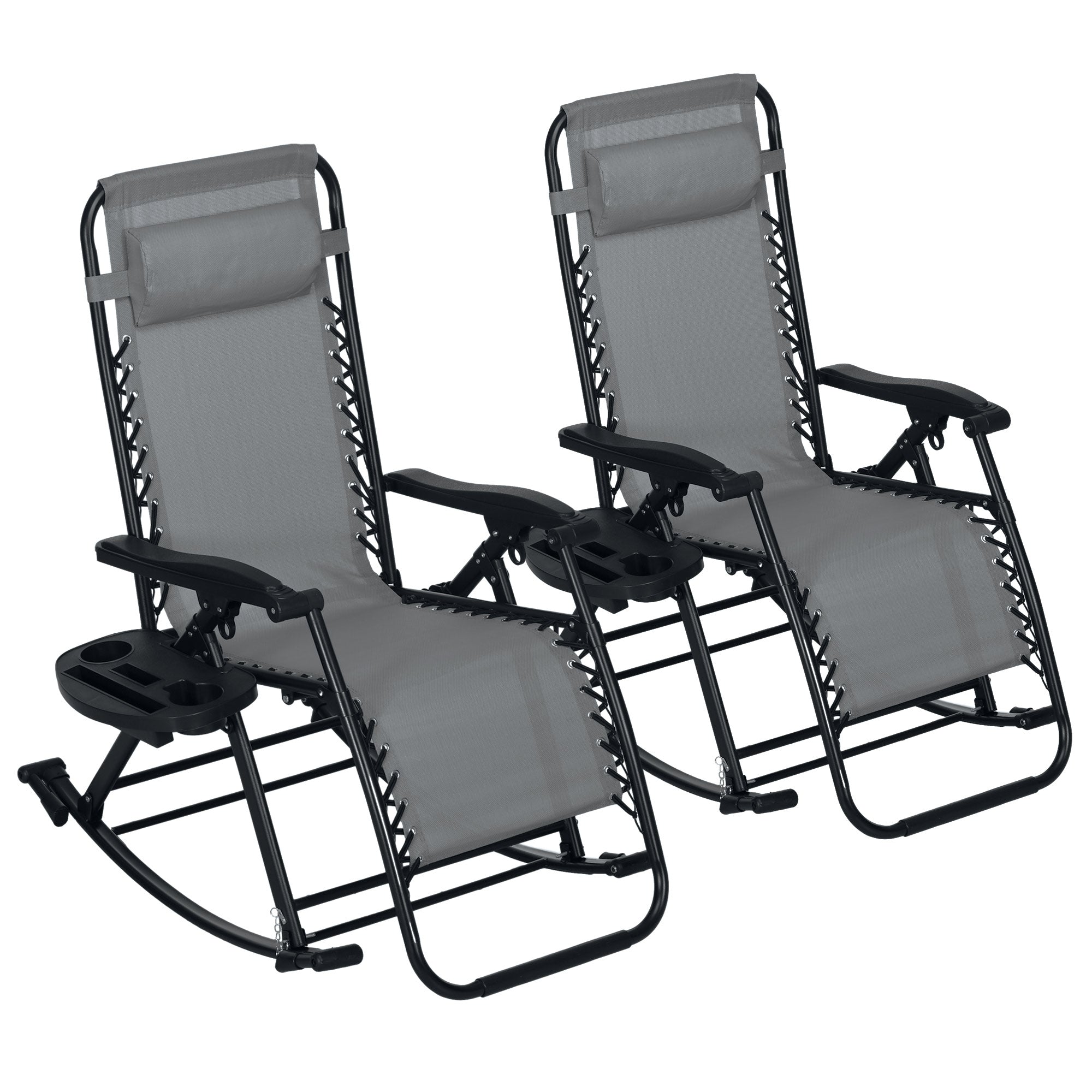 2 Outdoor Rocking Chairs Foldable Reclining Zero Gravity Lounge Rockers w/ Pillow Cup & Phone Holder