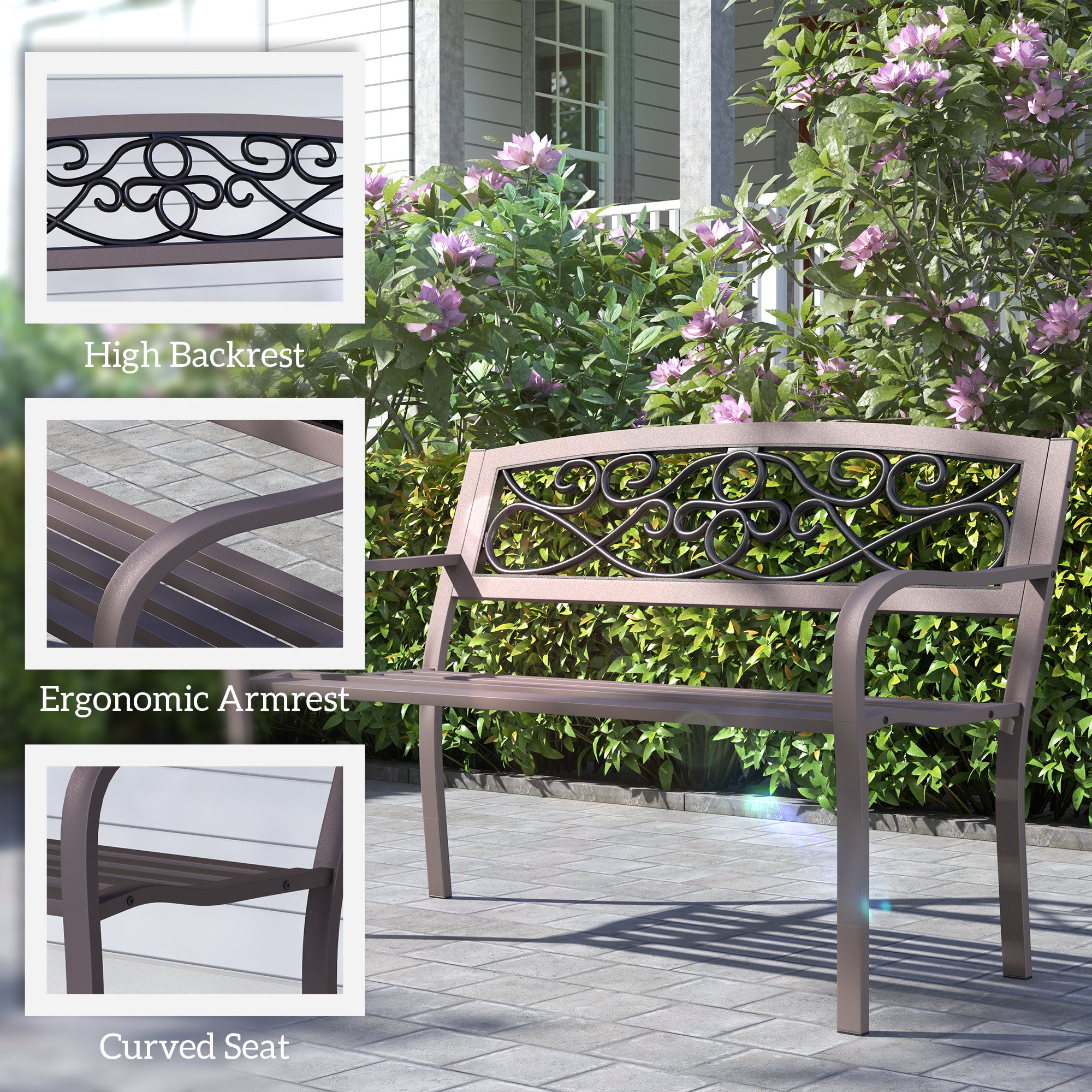 50" Outdoor Bench, Metal Garden Bench with Floral Pattern Backrest, Porch Bench with Slatted Seat for Park, Yard, Lawn, Brown