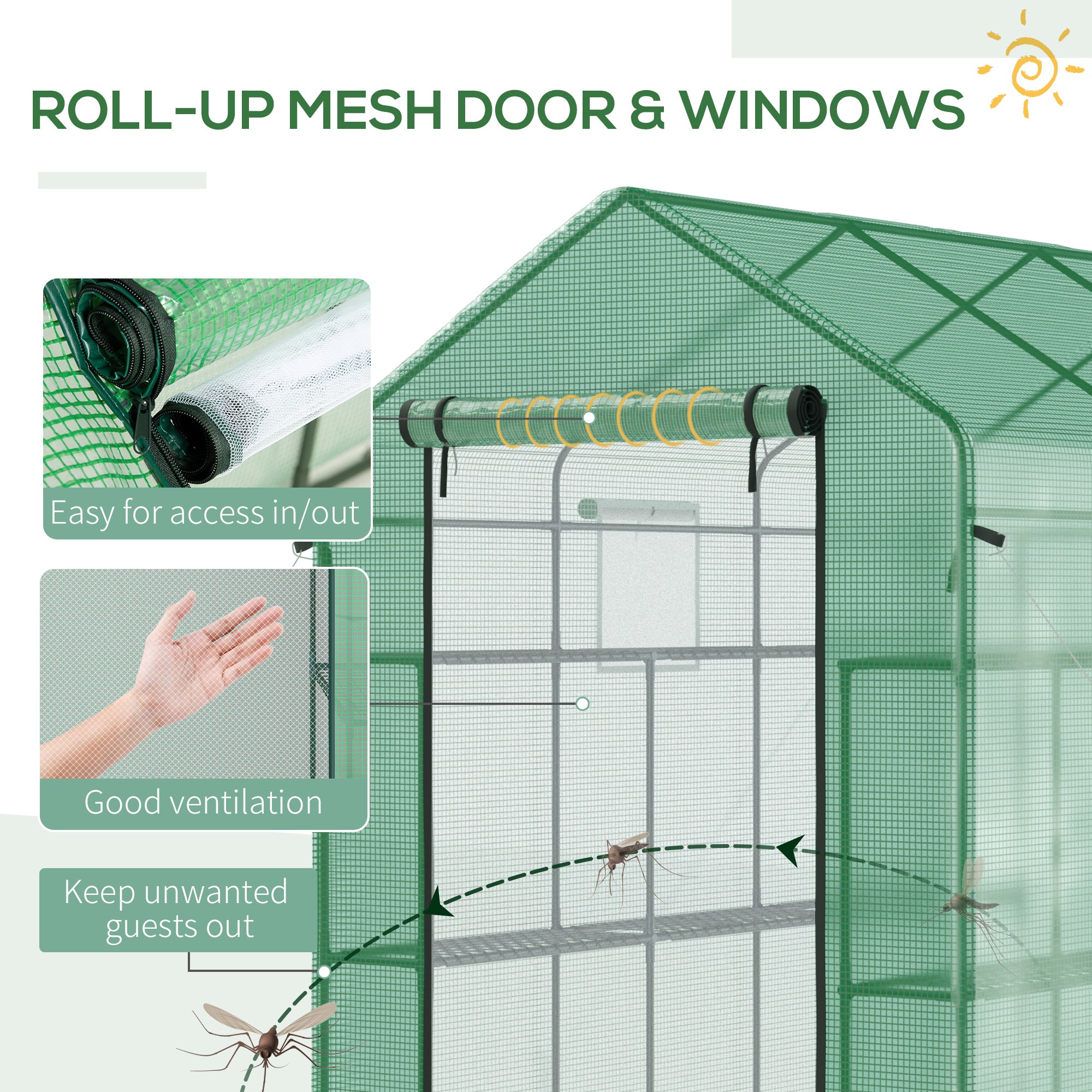 7' x 5' x 6' Walk-in Greenhouse for Outdoors with Mesh Door and Windows, 18 Shelf Hot House with Trellis, Plant Labels, UV Protective for Growing Flowers, Herbs, Vegetables, Saplings, Green