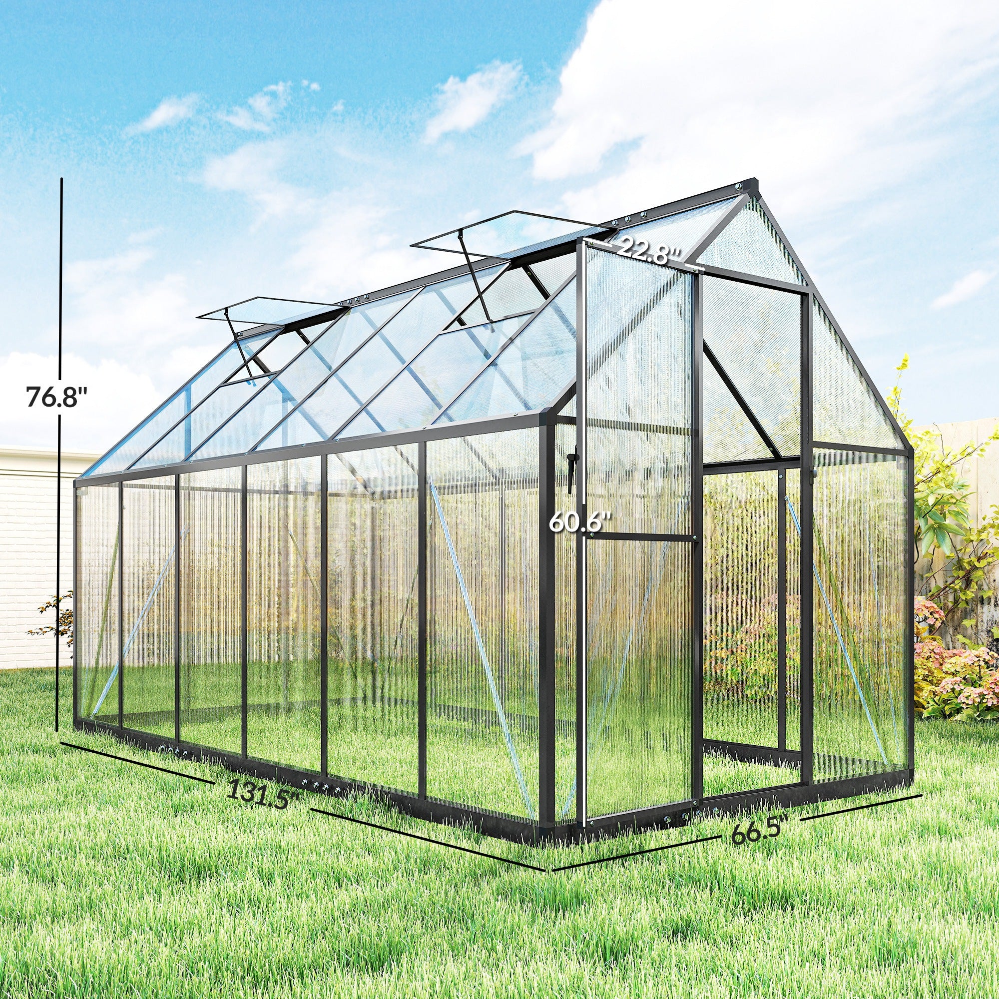 Polycarbonate Greenhouse with Swing Door and Two Adjustable Roof Vents, Aluminum Walk-in Greenhouse, 11x6 ft