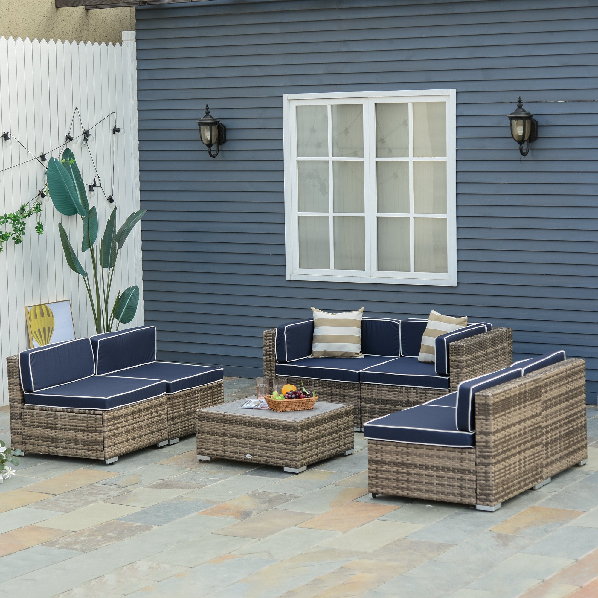Modern Rattan Patio Furniture Set, 7-Piece Outdoor Wicker Sofa Set with Cushions for Home & Family Gatherings