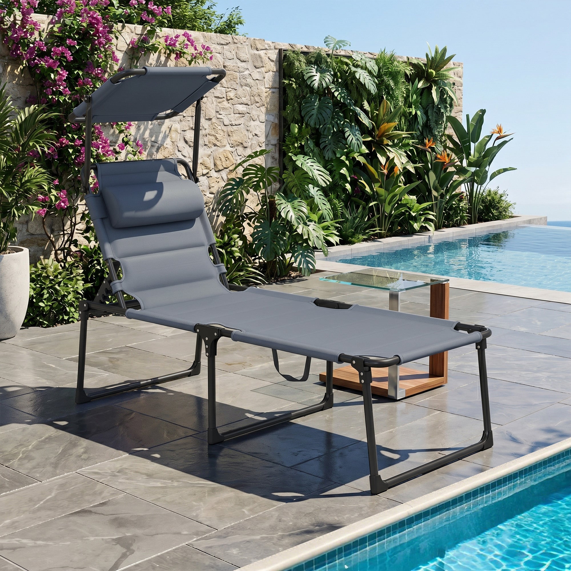 Outdoor Lounge Chair, 4 Position Adjustable Backrest, Folding, Cushioned w/ Sun Shade Roof & Pillow
