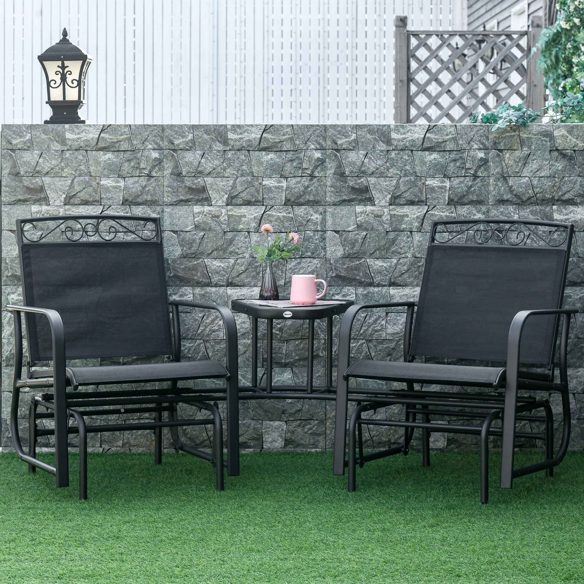 Outdoor Glider Chairs with Coffee Table, Patio 2-Seat Rocking Chair Swing with Breathable Sling for Backyard, Garden and Porch