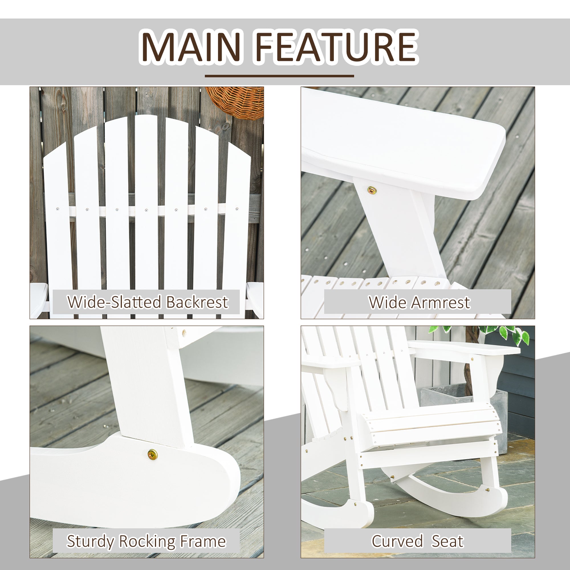 Wooden Adirondack Rocking Chair Outdoor Lounge Chair Fire Pit Seating with Slatted Wooden Design, Fanned Back
