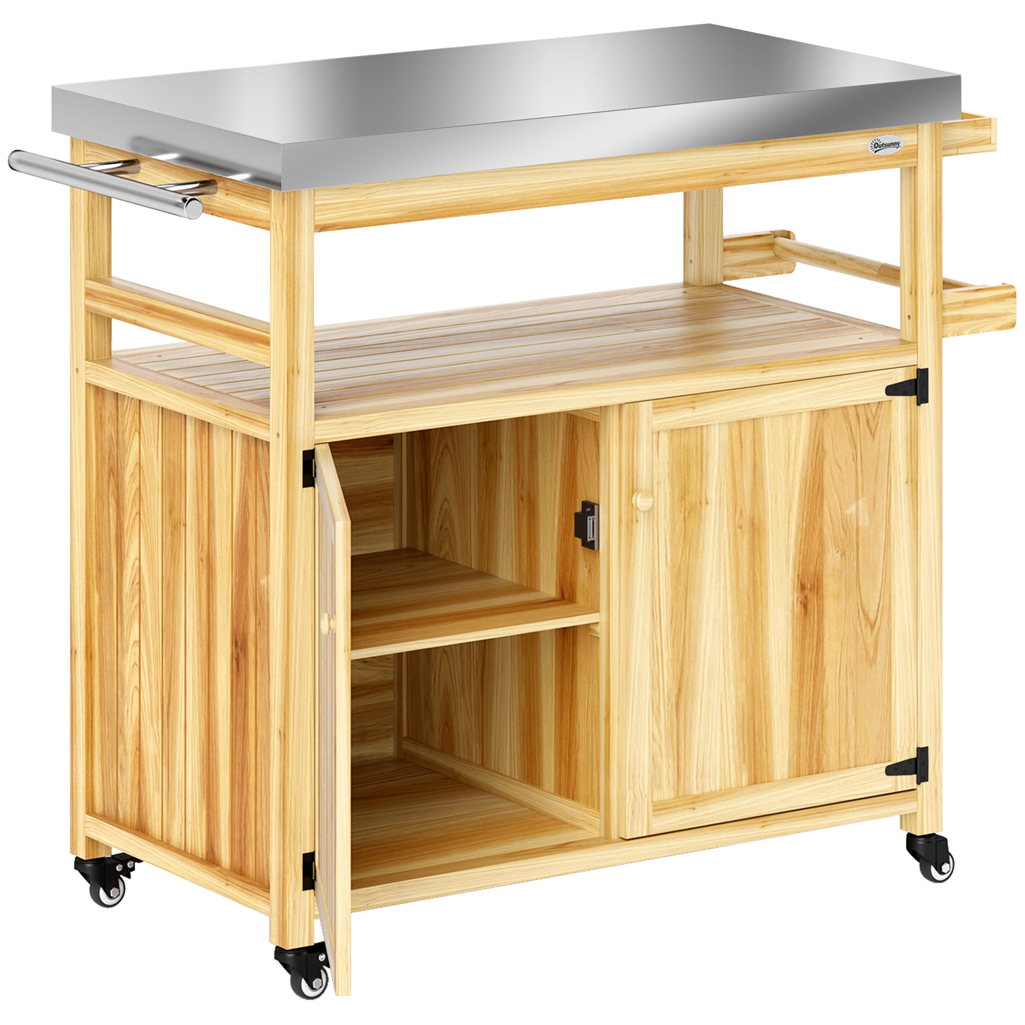 Outdoor Grill Cart w/ Stainless Steel Top, Solid Wood Outdoor Kitchen Island w/ Wheels, Storage Cabinets
