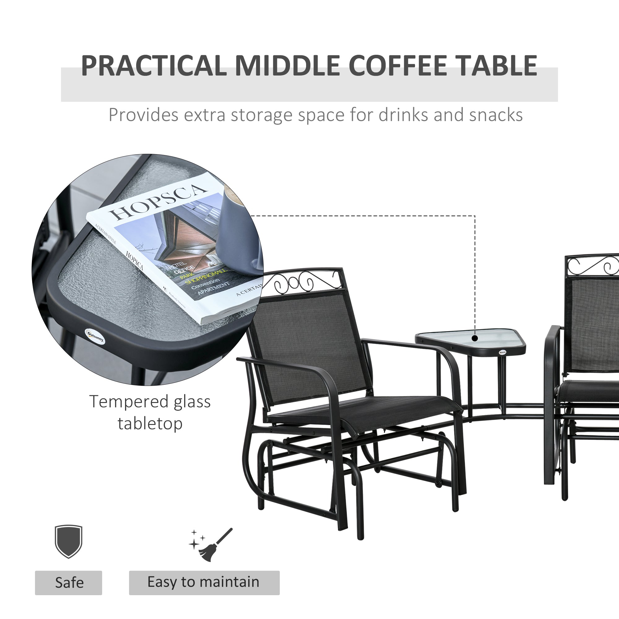 Outdoor Glider Chairs with Coffee Table, Patio 2-Seat Rocking Chair Swing with Breathable Sling for Backyard, Garden and Porch