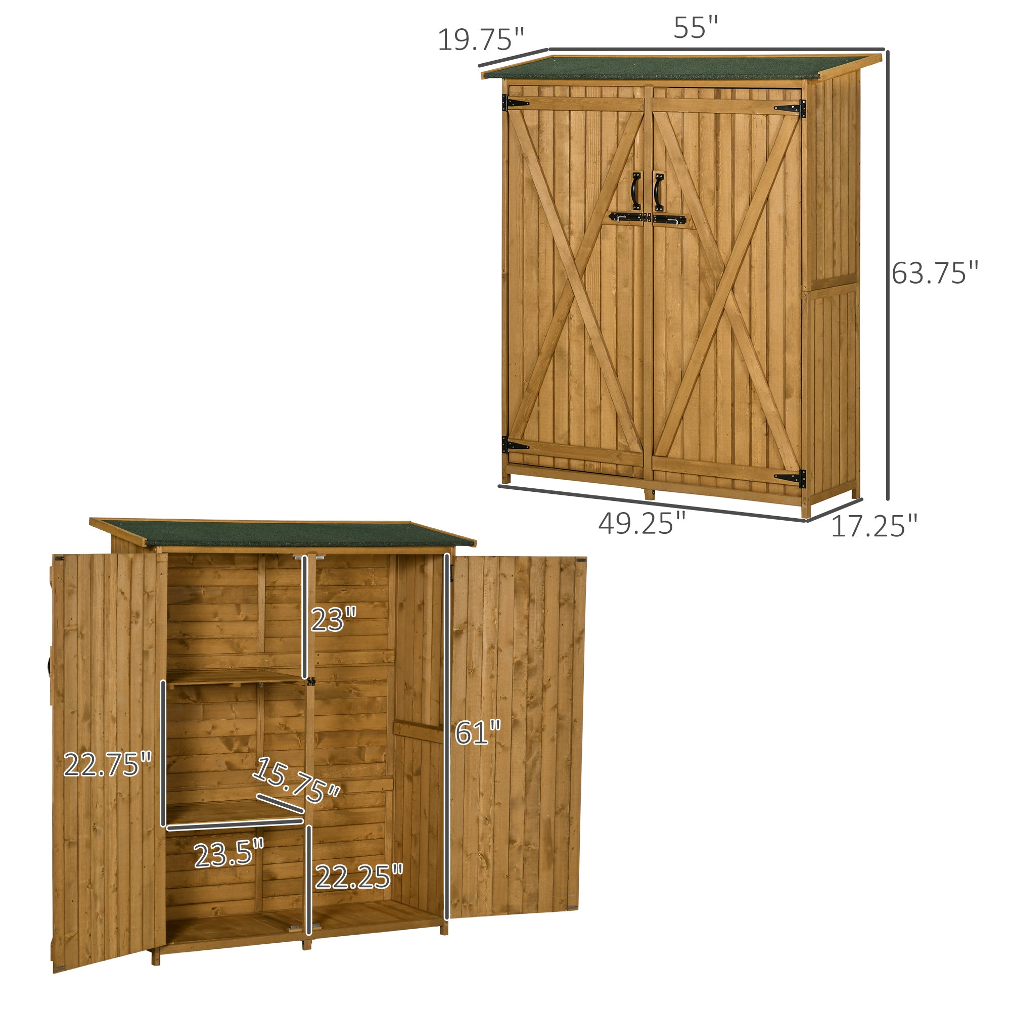 Outdoor Storage Cabinet Wooden Garden Shed Utility Tool Organizer with Waterproof Asphalt Rood, Lockable Doors, 3 Tier Shelves for Lawn, Backyard