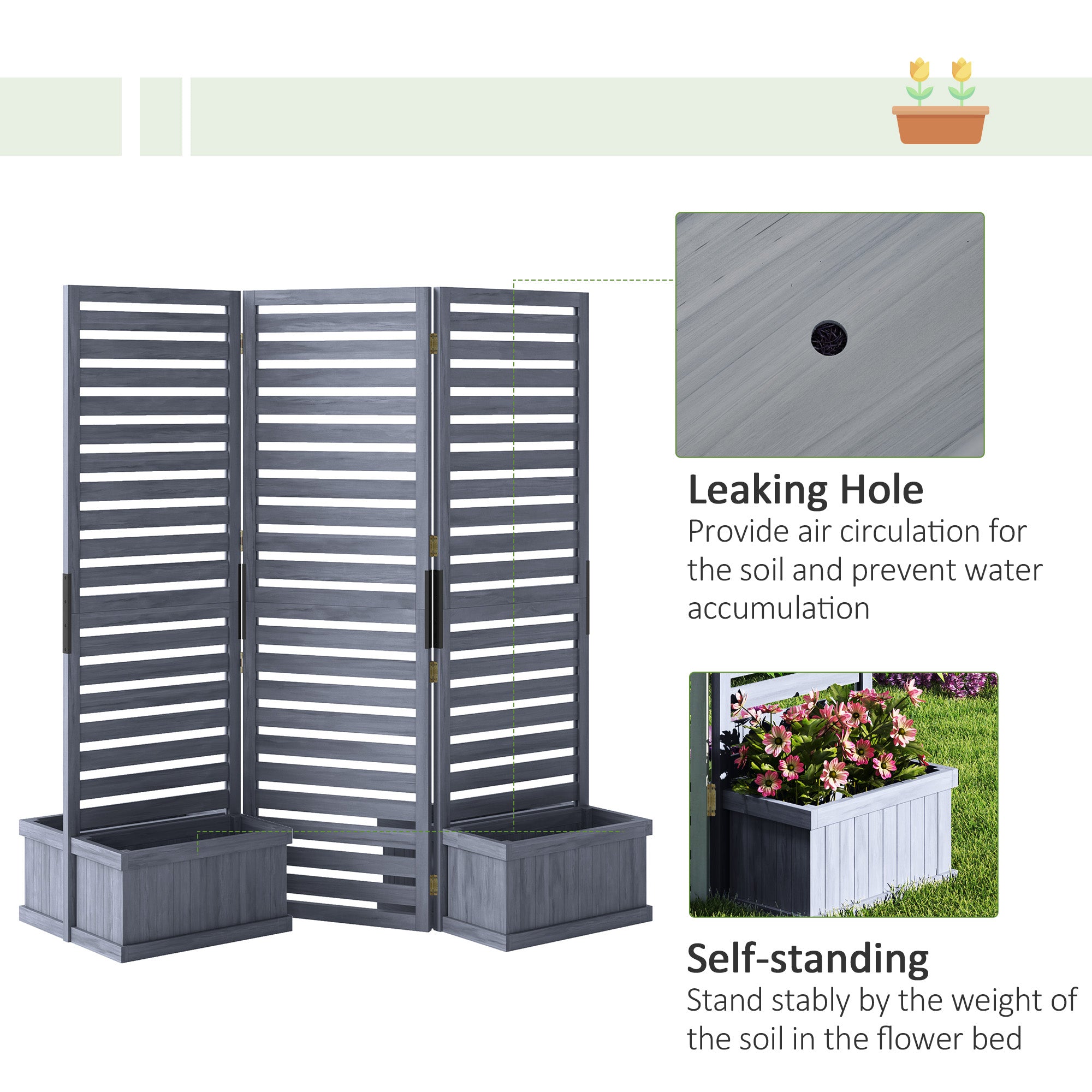 Wood Privacy Screen w/ 4 Planter Box, Raised Bed w/ 3 Panels & Drainage Holes