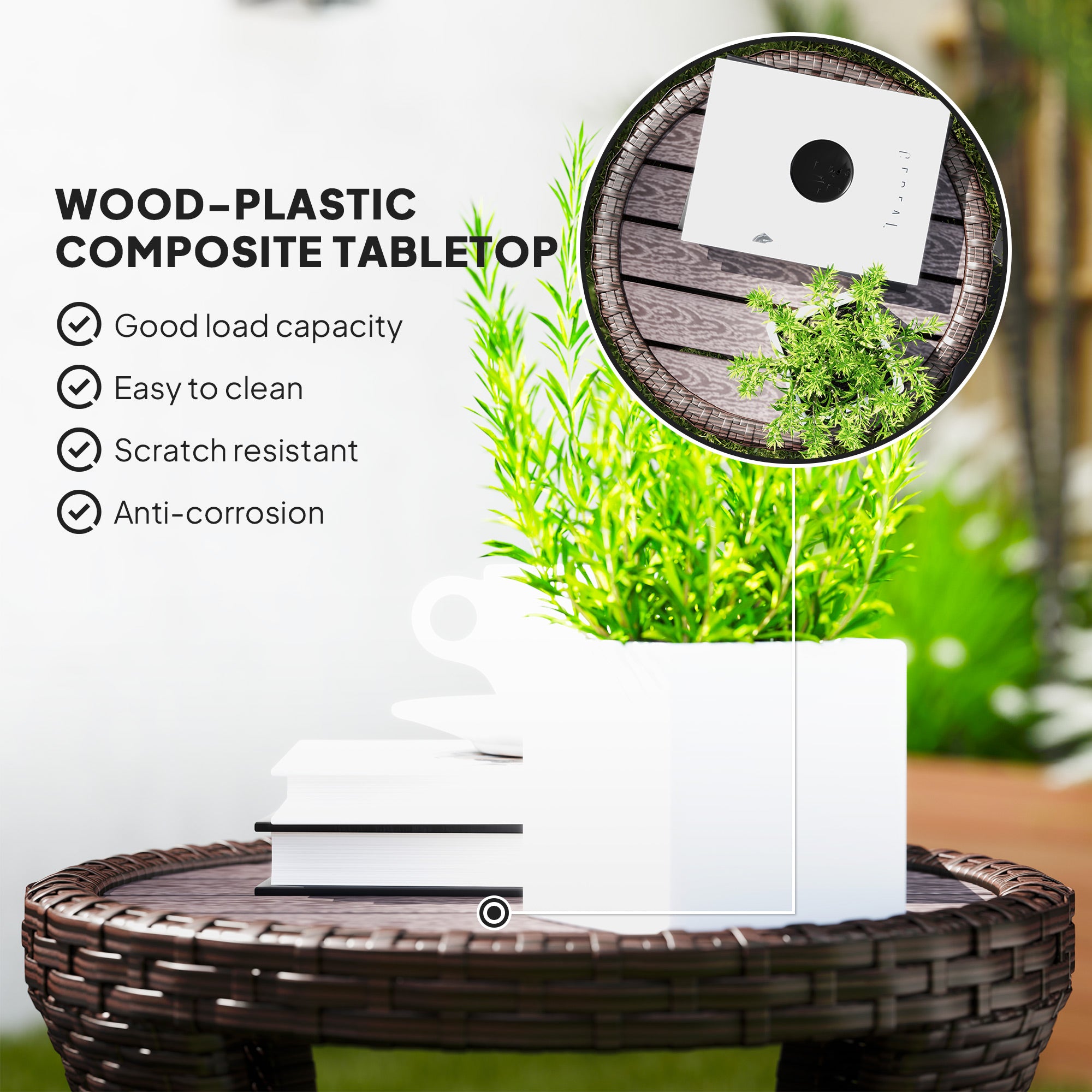 18" Wicker Outdoor Coffee Table, PE Rattan Patio Side Table with 2-Tier Storage, Composite Wood Top