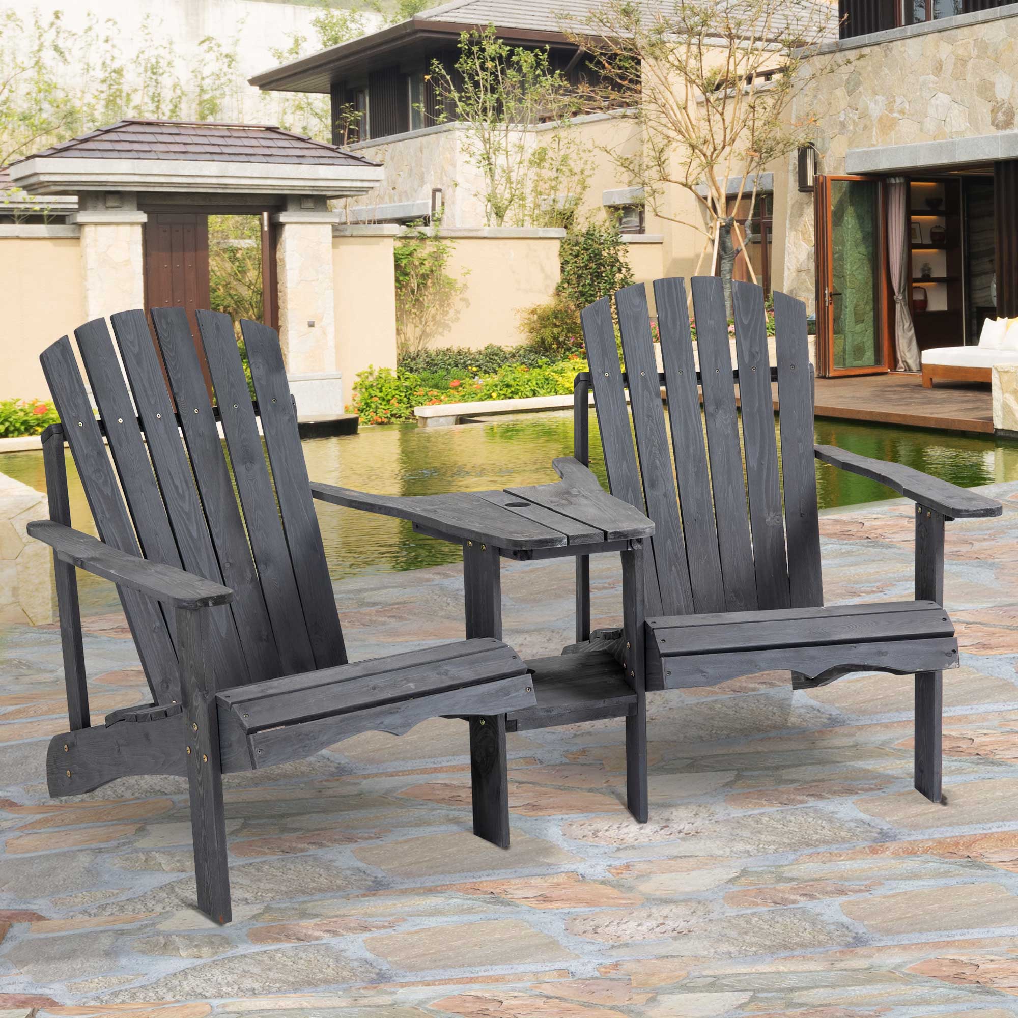 Fire Pit Seating, 2 Wooden Adirondack Chairs with Outdoor Table & Umbrella Hole, Wood 2 Person Adirondack Bench