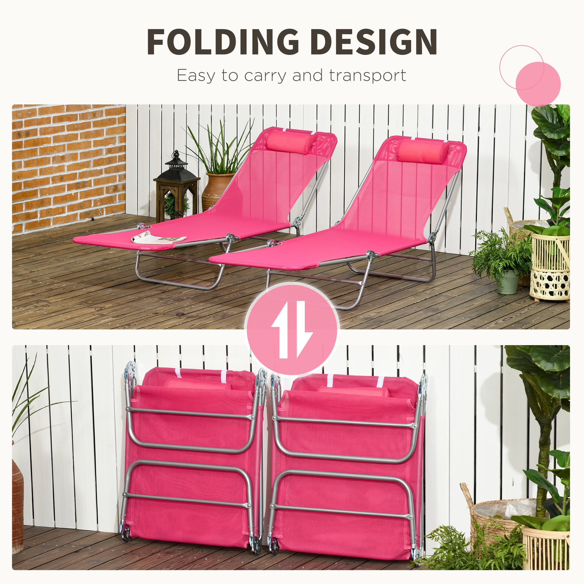 2 Piece Folding Chaise Lounge Chairs, Pool Sun Tanning Chairs with Reclining Back, Breathable Mesh Seat