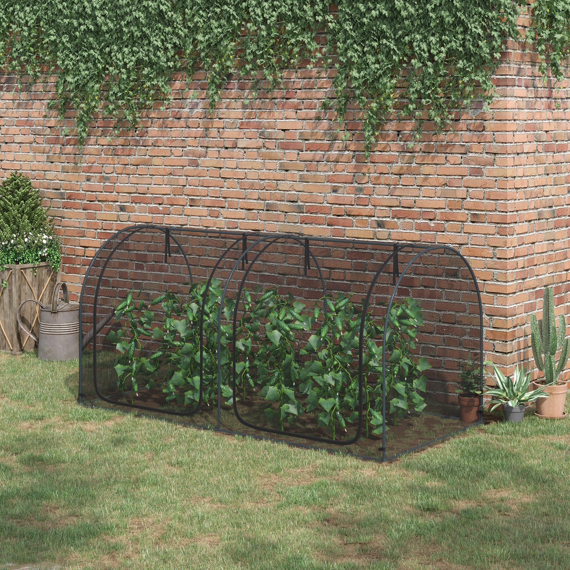 8' x 4' Crop Cage, Plant Protection Tent with Two Zippered Doors, Steel Frame, Storage Bag and 4 Ground Stakes, for Garden, Yard, Lawn