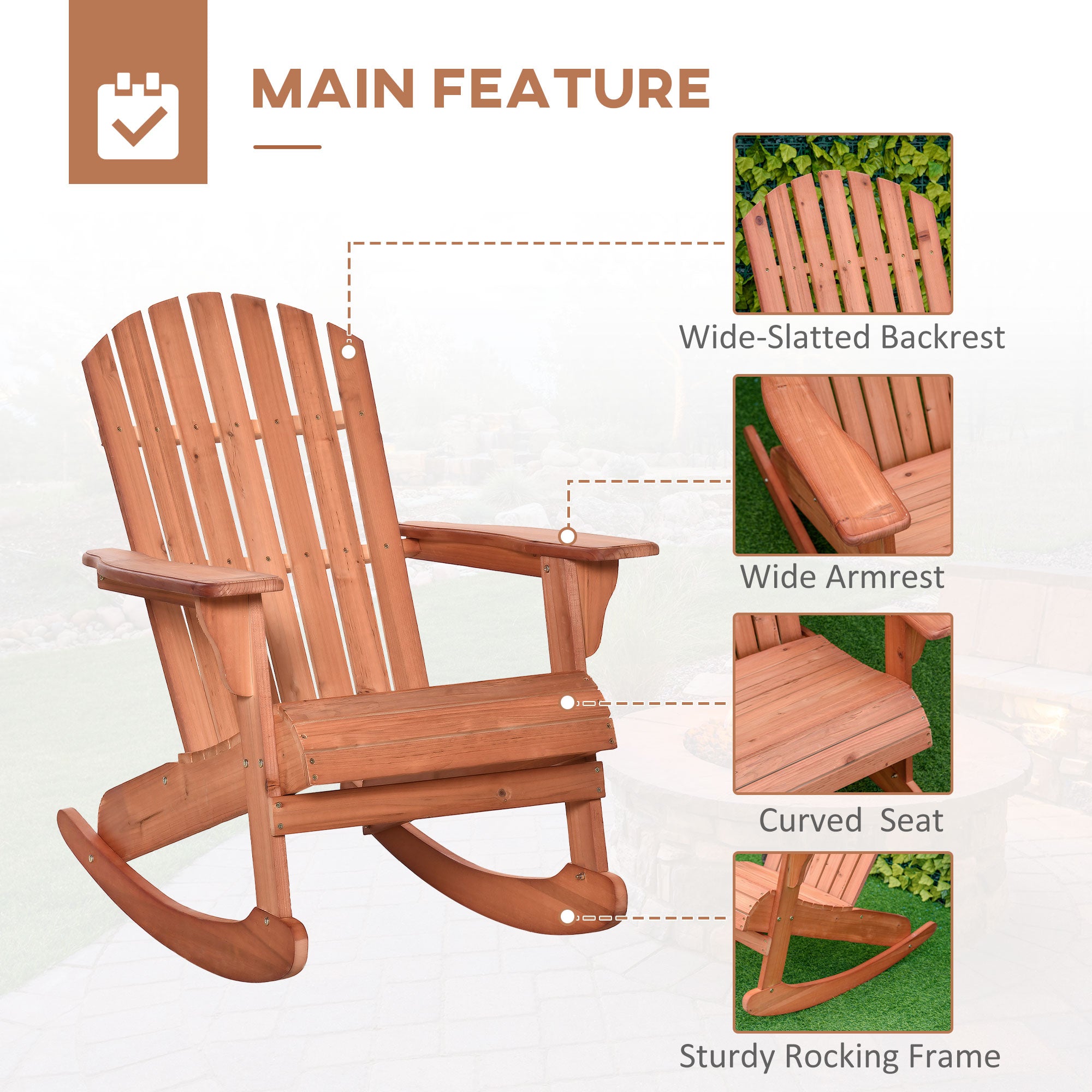 Wooden Adirondack Rocking Chair Outdoor Lounge Chair Fire Pit Seating with Slatted Wooden Design, Fanned Back