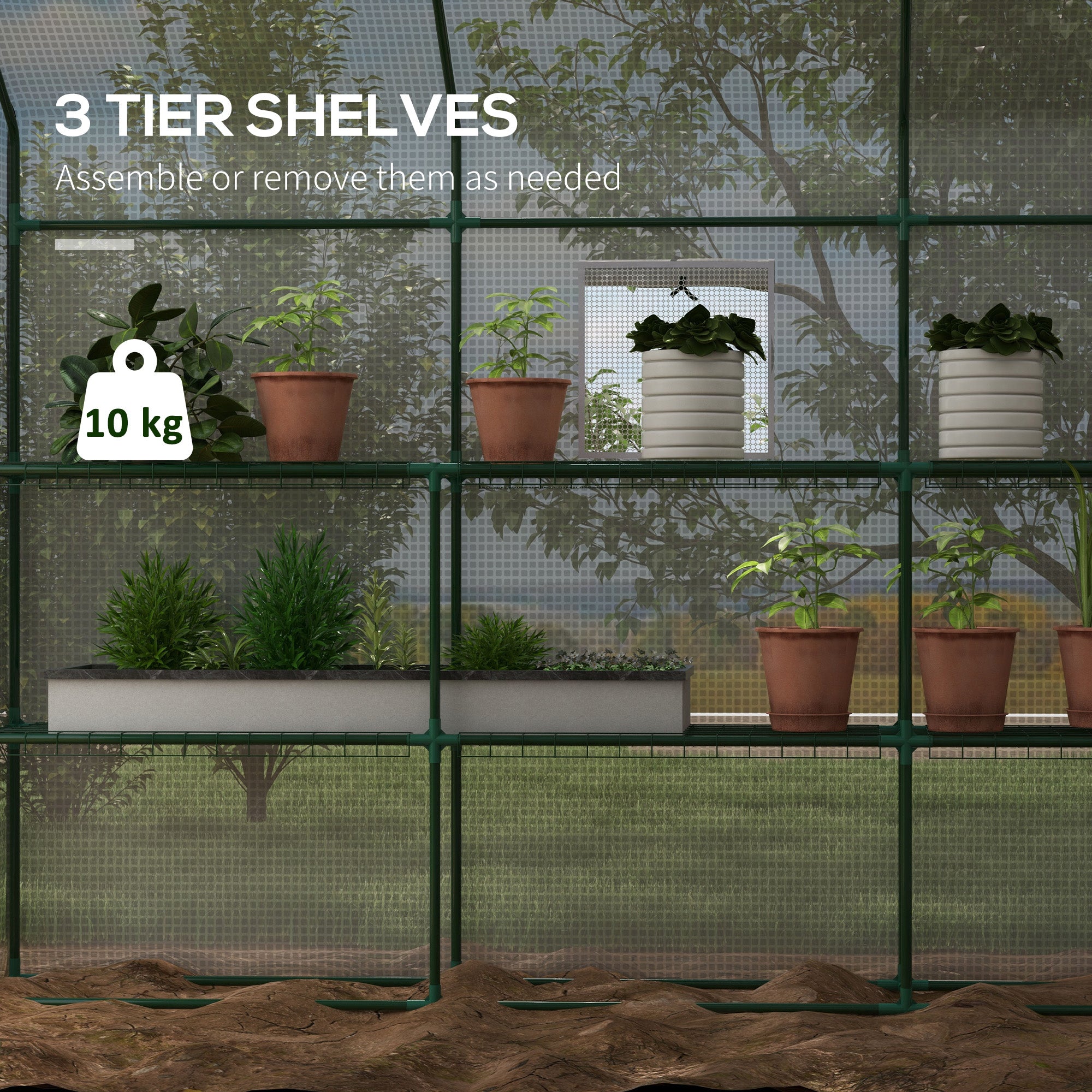 4.6' x 4.7' Portable Greenhouse, Water/UV Resistant Walk-In Small Outdoor Green House with 2 Tier U-Shaped Flower Rack Shelves, Roll Up Door & Windows