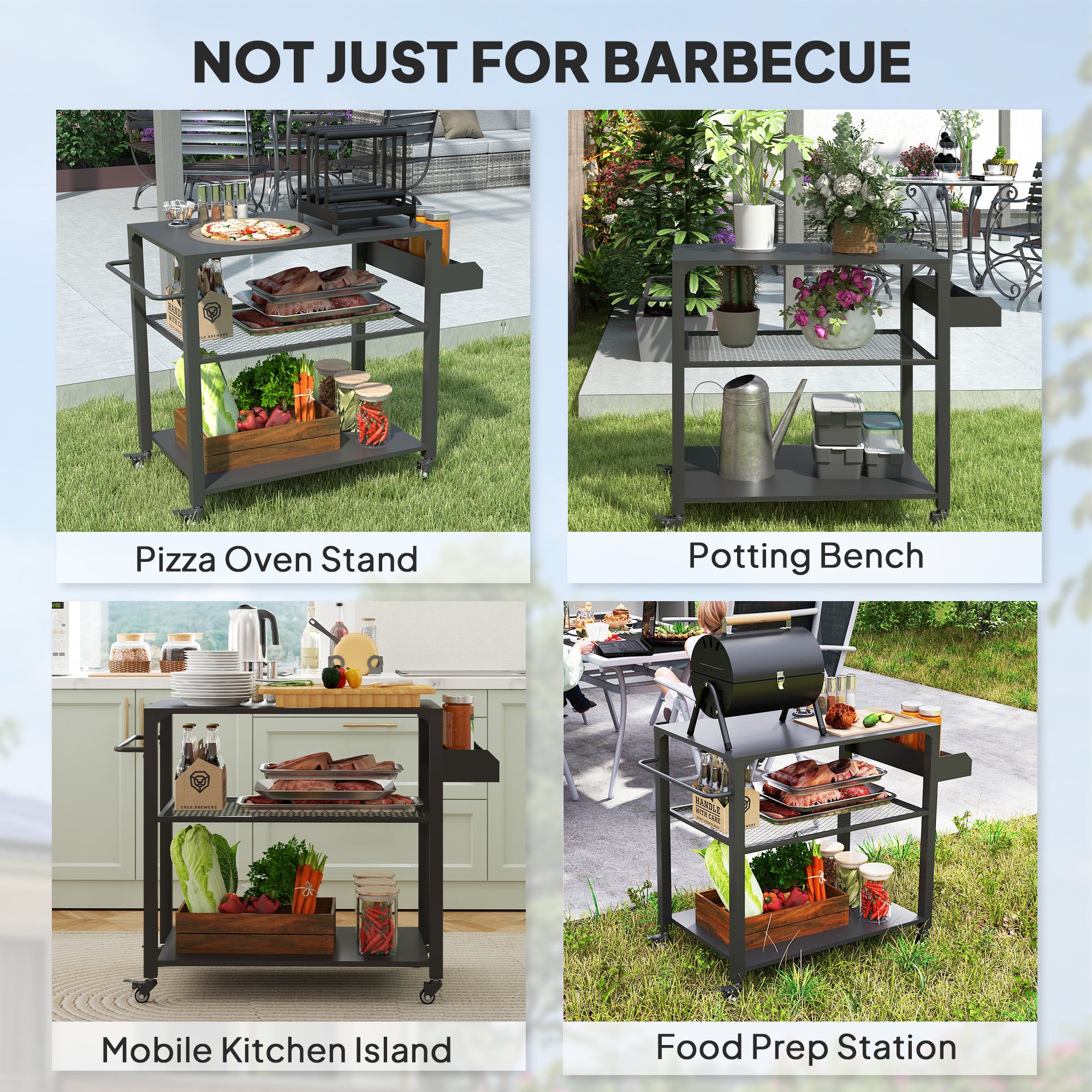 3-Tier Outdoor Grill Cart with Storage Racks, Side Handle, Movable Pizza Oven Table on Wheels