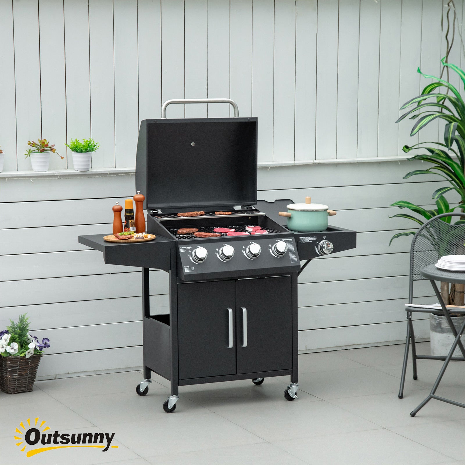 52" Barbecue Grill with Wheels 4+1 Burner Liquid Propane Gas Grill Outdoor Cabinet Style BBQ Trolley w/ Side Burner
